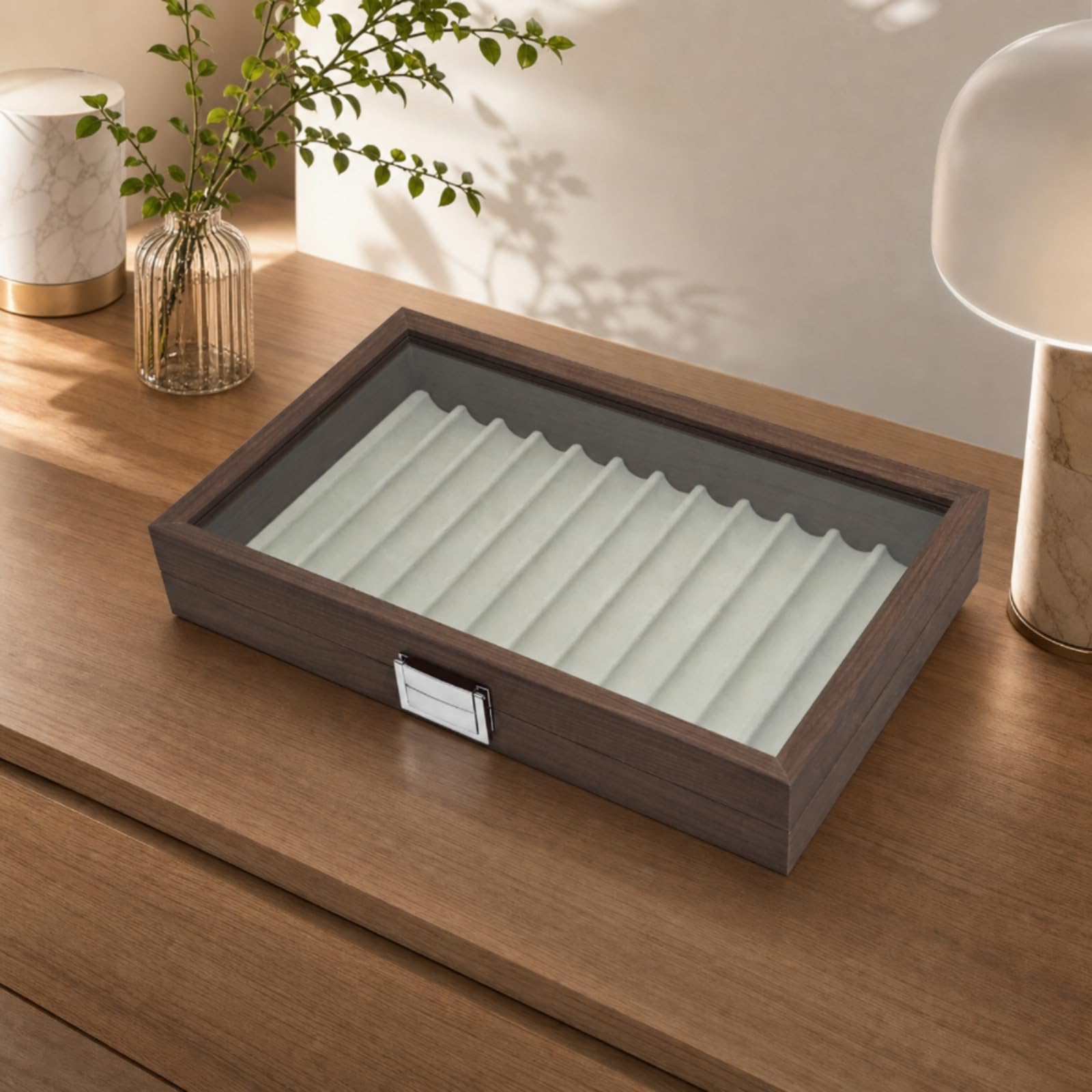 Stifte-schatulle mit 12 fächern dekorativ Stiftaufbewahrungsbox mit 12 fächern elegant Stiftebox sichtfenster für Schreibtisch, Präsentation, Büro, Ebenholz Holzoptik