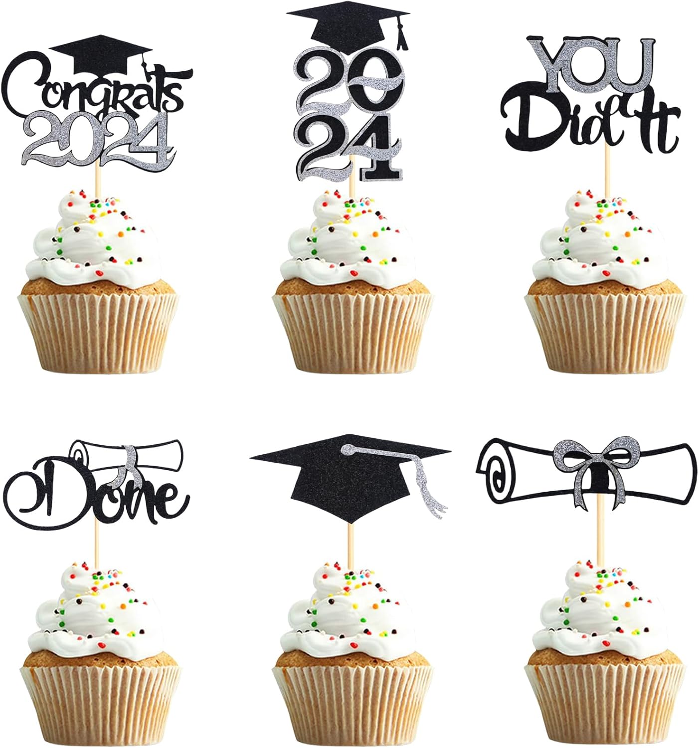 24Pcs Graduation Cupcake Toppers 2024 Silver Glitter Congrats 2024 Grad Cap You Did It Done Diploma Cupcake Picks Cake Decorations for Graduation Theme Party Decorations Supplies