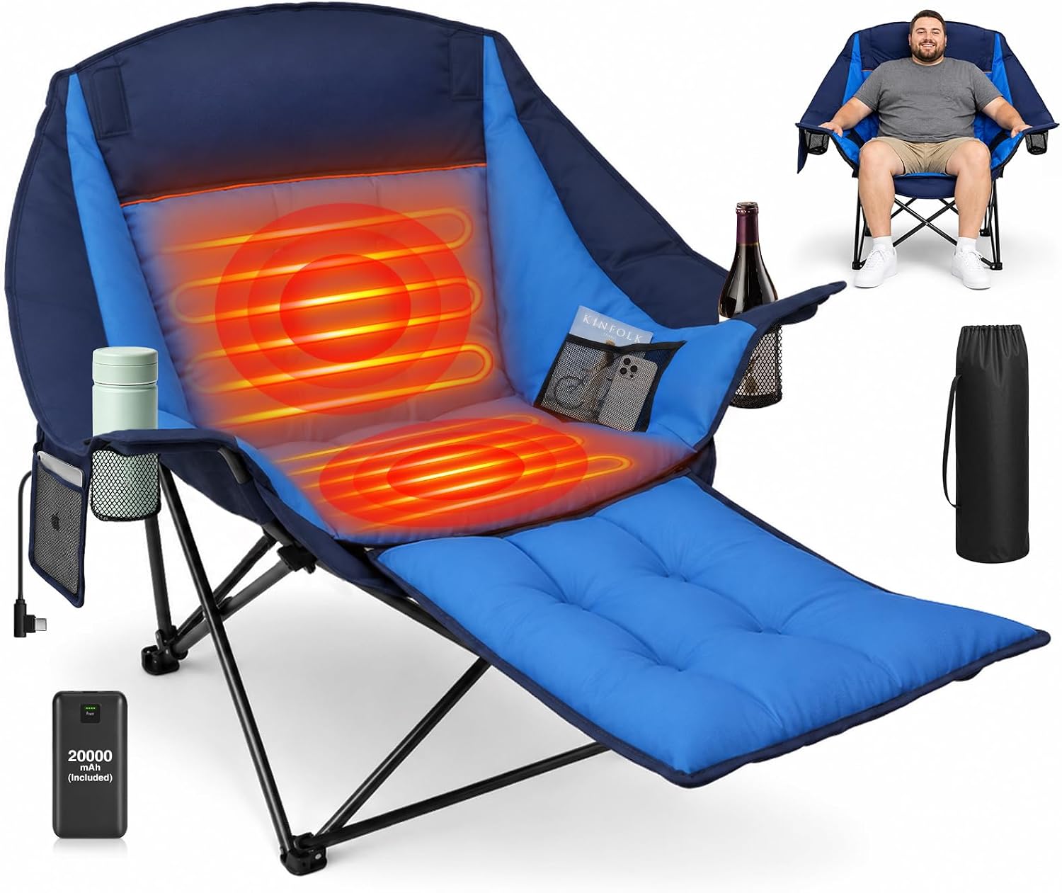 ZENPETIO Oversized Heated Camping Chair with 20000mAh Battery & Footrest