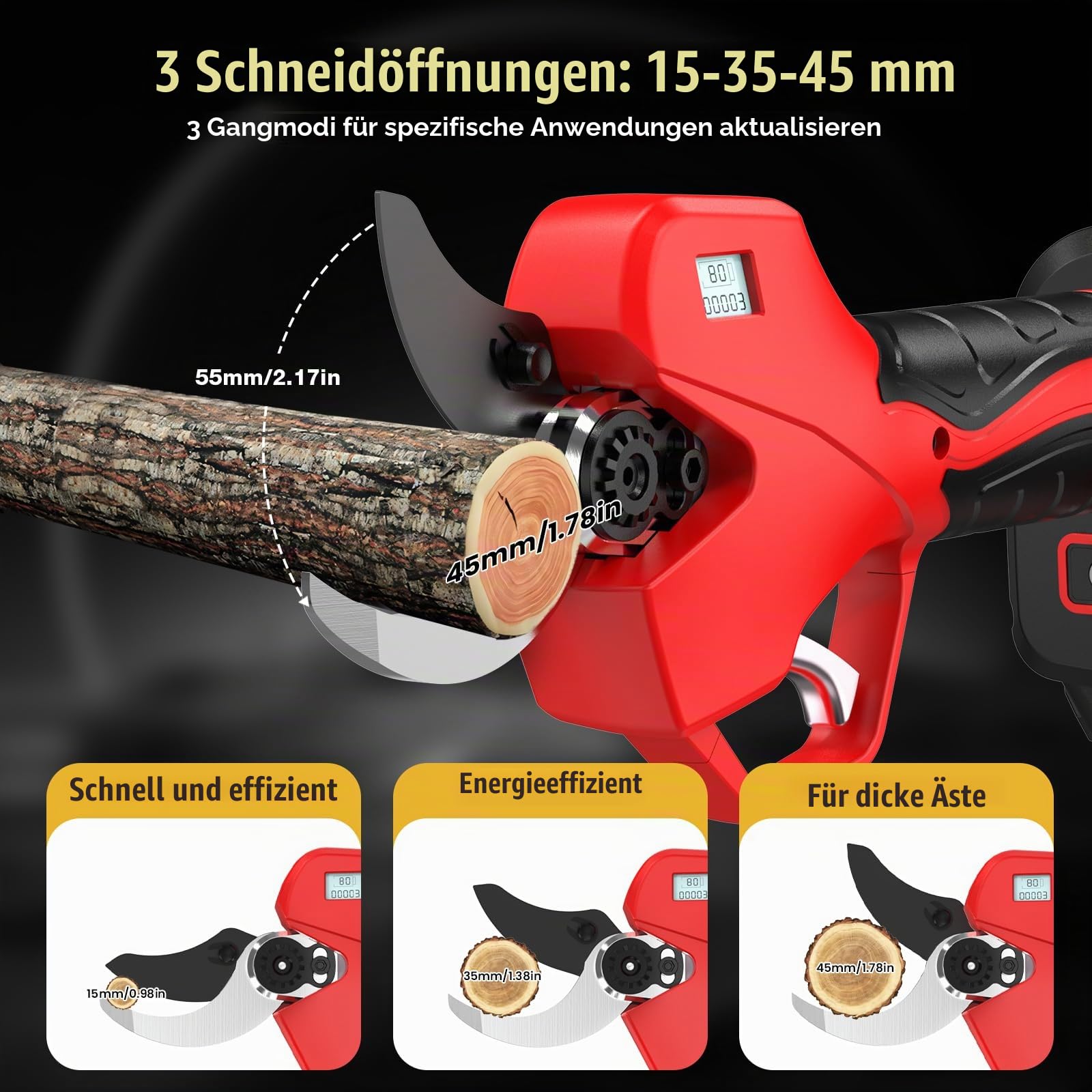 Elektrische Gartenschere 40 mm, mit Verlängerungsstange 2 m(6.56ft), Scharfe SK7-Klinge, Akku Astschere, 2X 2Ah Akku, 21V Astschere