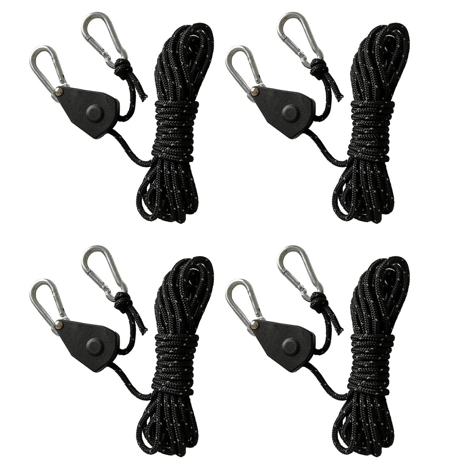 4 Stück Verstellbarer Seil Ratsche,Verstellbares Ratschenseil,4mm Einstellbare Seil Ratsche Rope Seilratsche mit Haken,Nylonseil Schwarz Reflektierend,für Zelt Zeltplane Camping