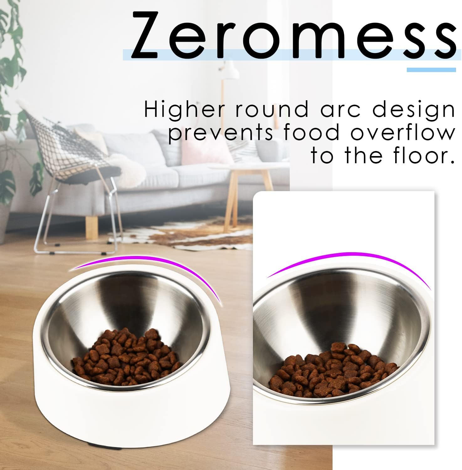 SuperDesign Mess Free 15° Slanted Bowl for Dogs and Cats, Tilted Angle Bulldog Bowl Dog Feeder, Non-Skid & Non-Spill, Easier to Reach Food L/2 Cup White