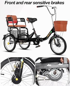 Folding Tricycle for Senior and Adult,Rickshaw Trike with Pedals,Manned Tricycle with Back seat,3 Wheels Bicycle,Front and Back Brakes,Red 16inch