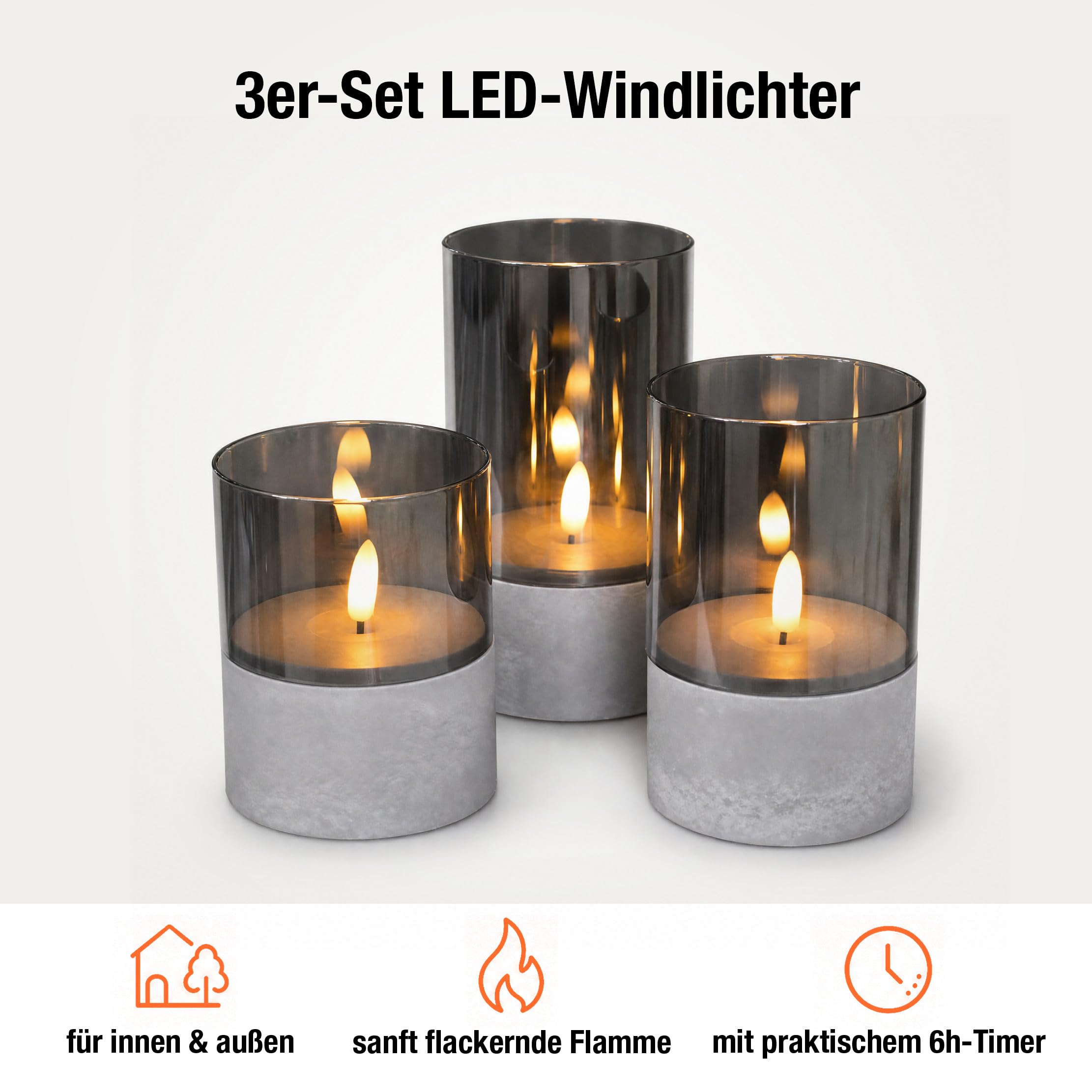 hellum LED Kerzen mit Timerfunktion, 3er Set LED Stumpenkerzen Outdoor, flackernde Flamme, Grau Ø 8 cm, Höhen 10/12,5/15 cm, 6h-Timer, batteriebetrieben (6x AA, nicht inkl.) 151992