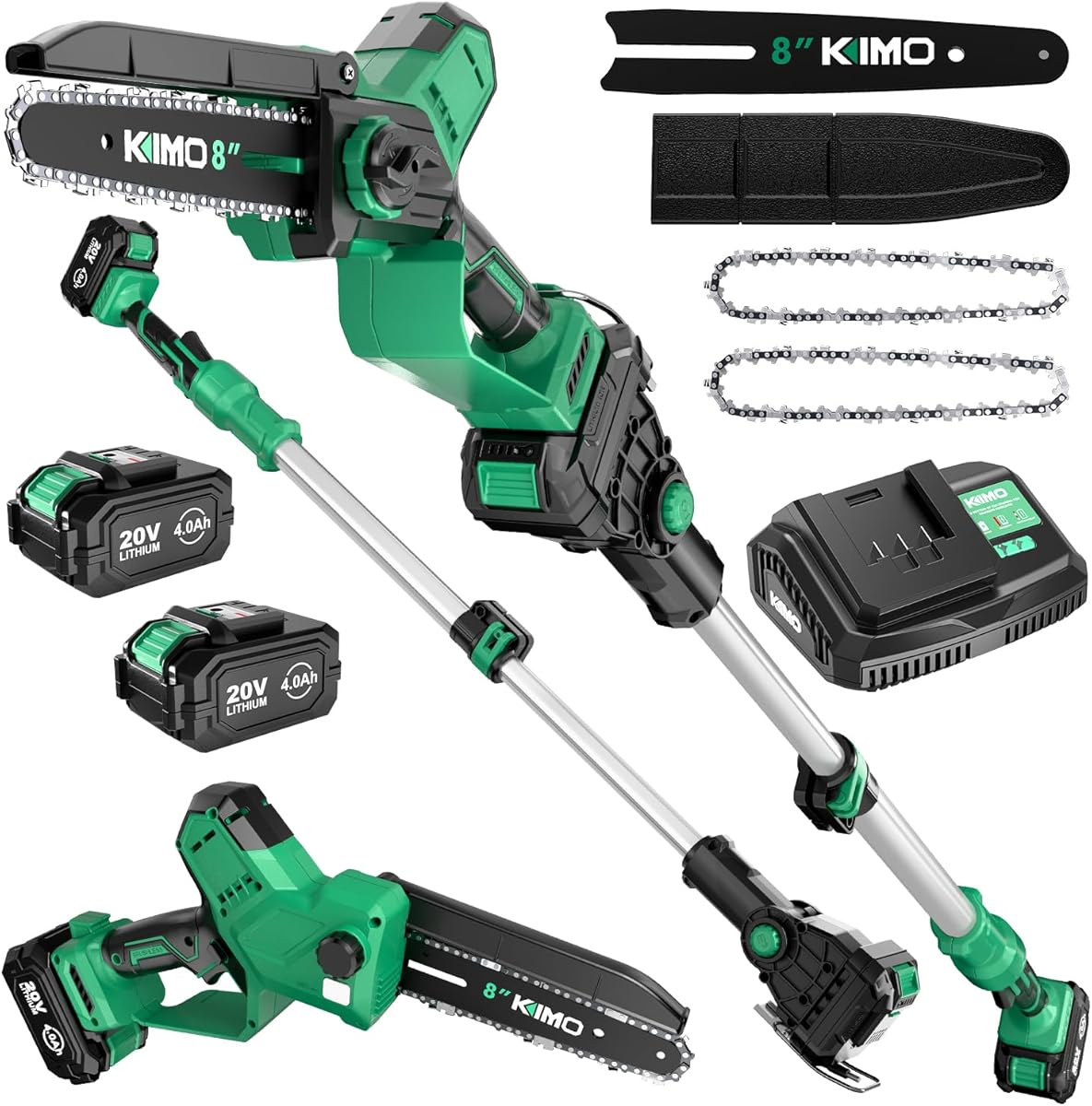 KIMO 2-IN-1 Electric Pole Saws for Tree Trimming, 8" Mini Chainsaw Cordless, 16FT Max Reach Extension Pole, 2×4.0Ah Batteries,Fast Charger, Brushless Pole Chain Saw for Tree Trimmer Limb Branch Cutter