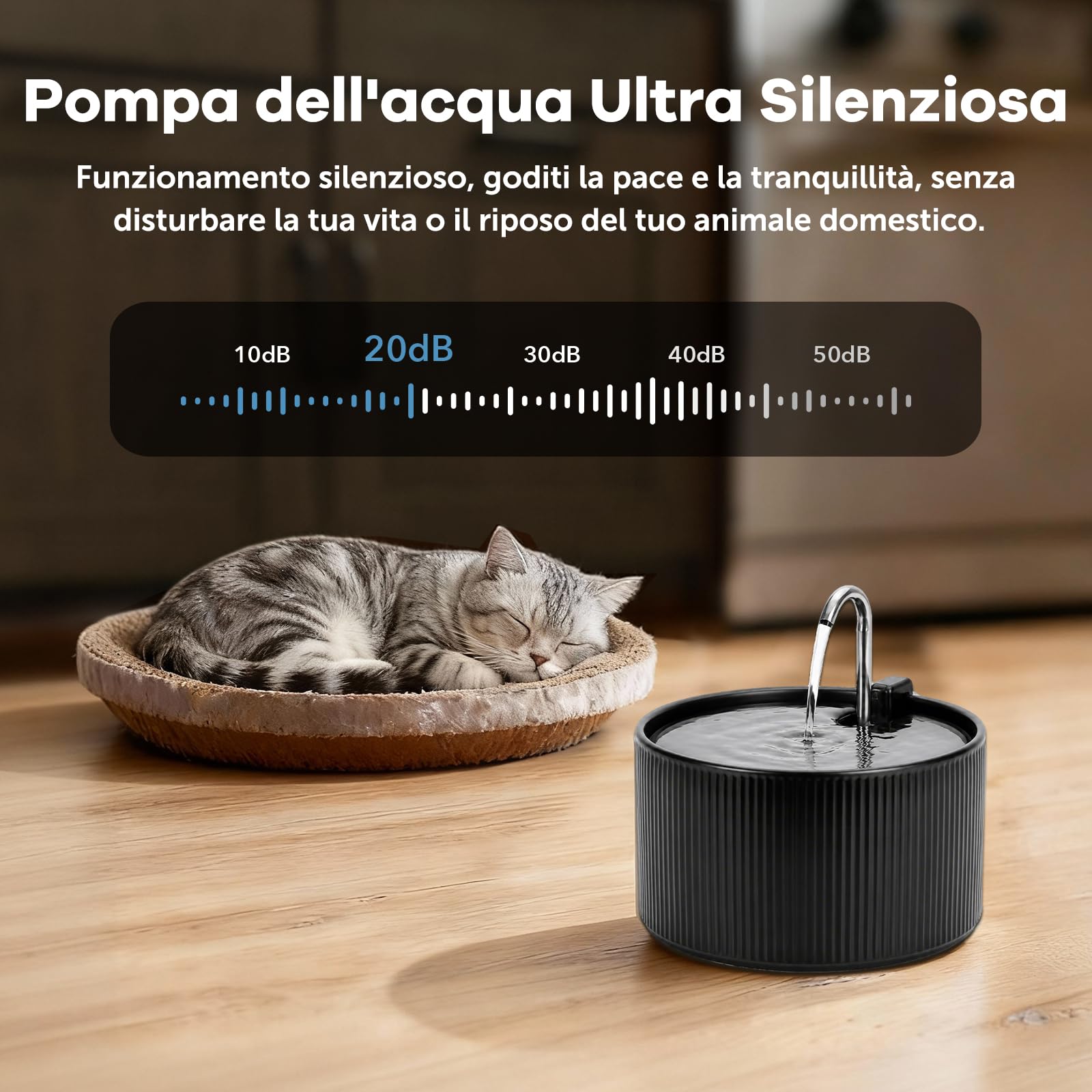 Fontana per gatti in ceramica, 2,2 l, silenziosa, dispenser automatico di acqua per animali domestici, con sistema di filtraggio, nero