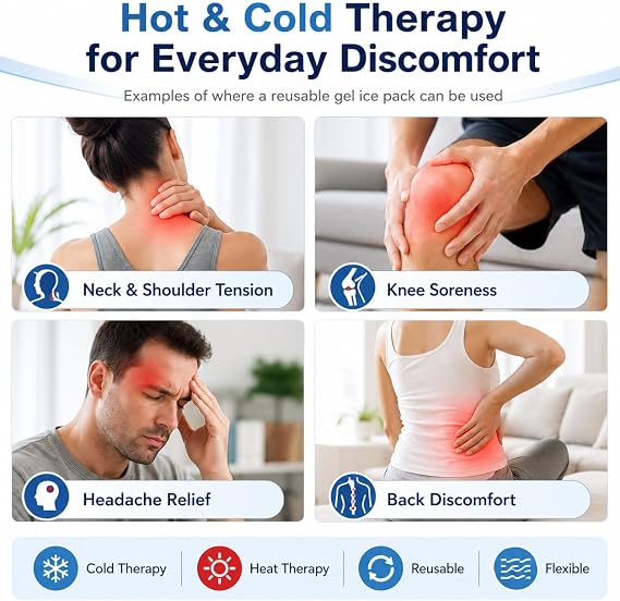 Reusable Hot Cold Gel Ice Pack for Pain Relief (12x4.7, 2 Pack) | Reusable, Flexible Hot Cold Pack, For Neck Head Shoulder Knee Ankle Wrist Elbow