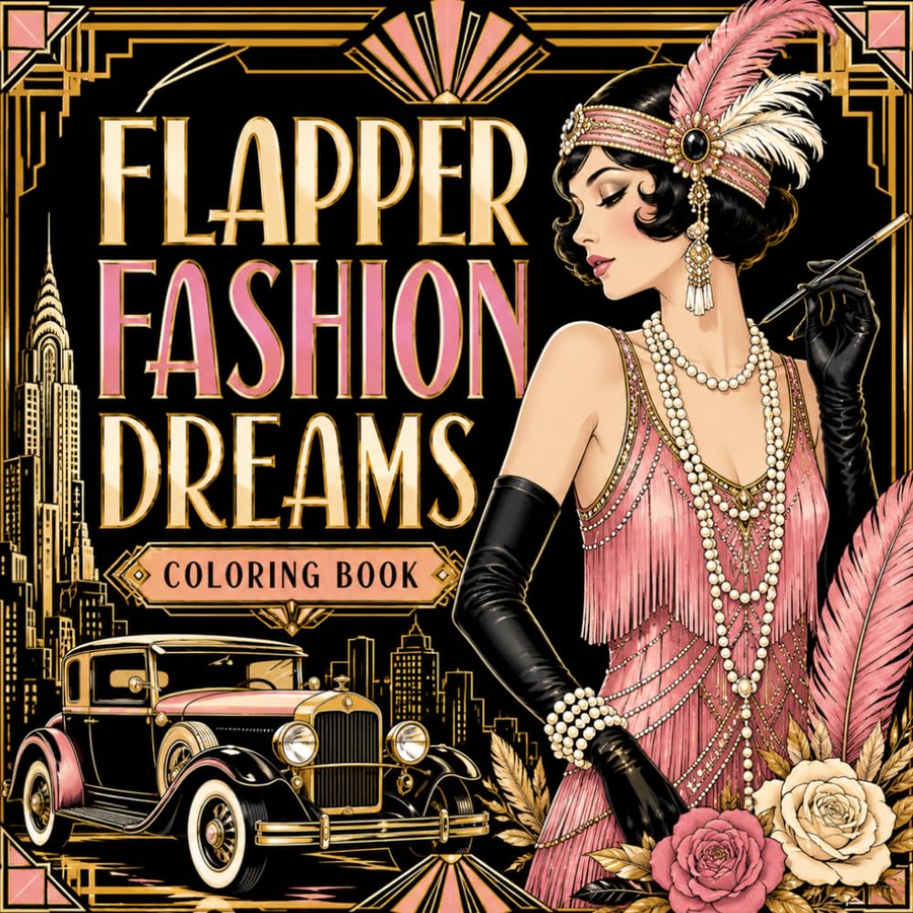 Flapper Fashion Dreams Coloring Book for Adults Featuring Roaring 1920s Glamour, Art Deco Style, Vintage Dresses, Elegant Women, Jazz Age Fashion and Retro Luxury Coloring Pages