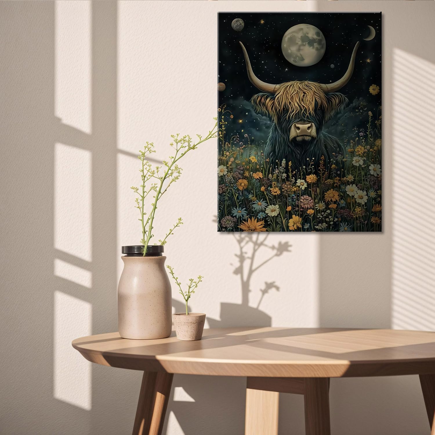 Highland cow wall art, canvas prints of animal and flower fusion, Starry Night art deco wall painting, home office decor with dreamlike style, containing galactic stars and floral,Framed 16X24in