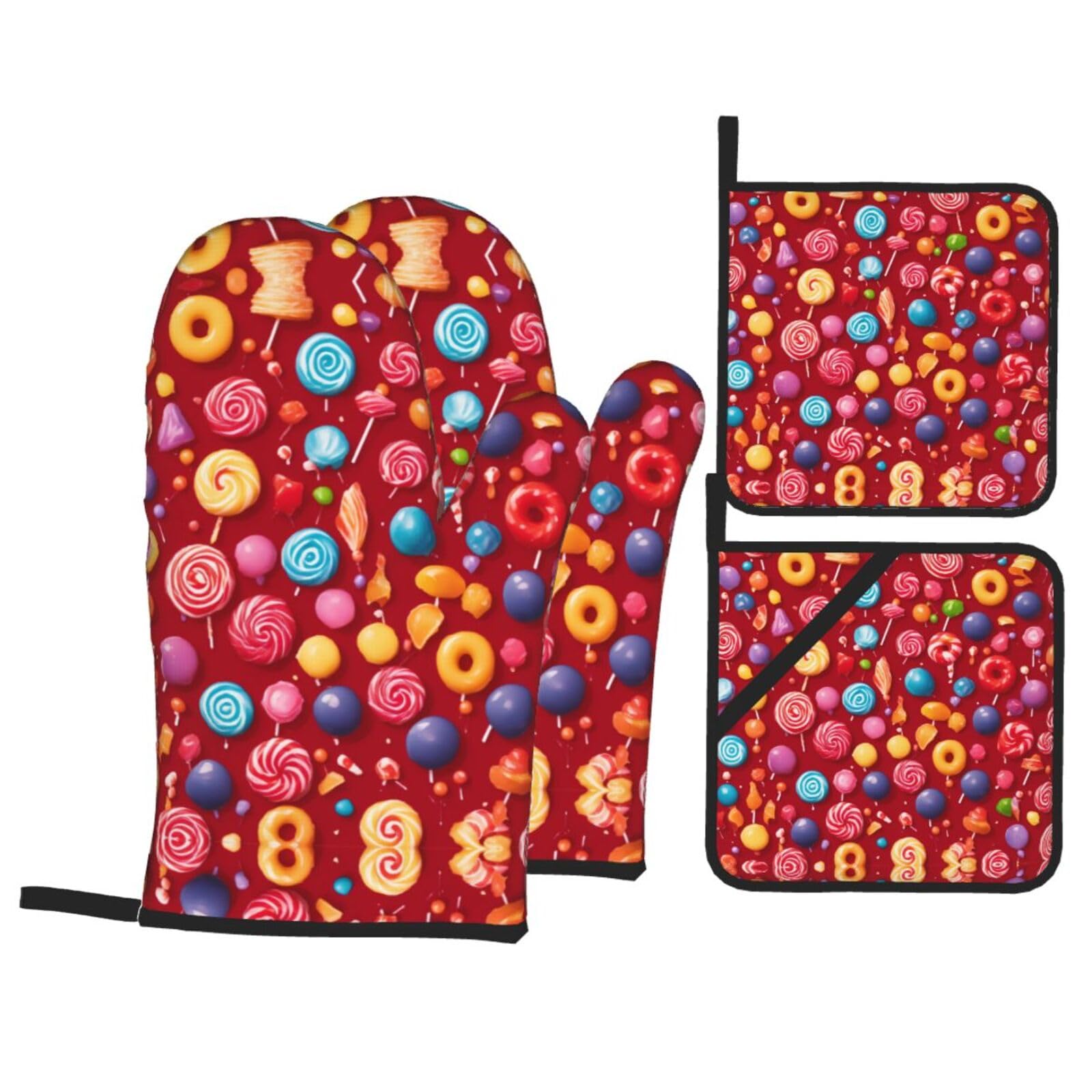 Lollipop Print Oven Microwaving Waterproof Kitchen Gloves for Baking Grilling Holiday Cooking