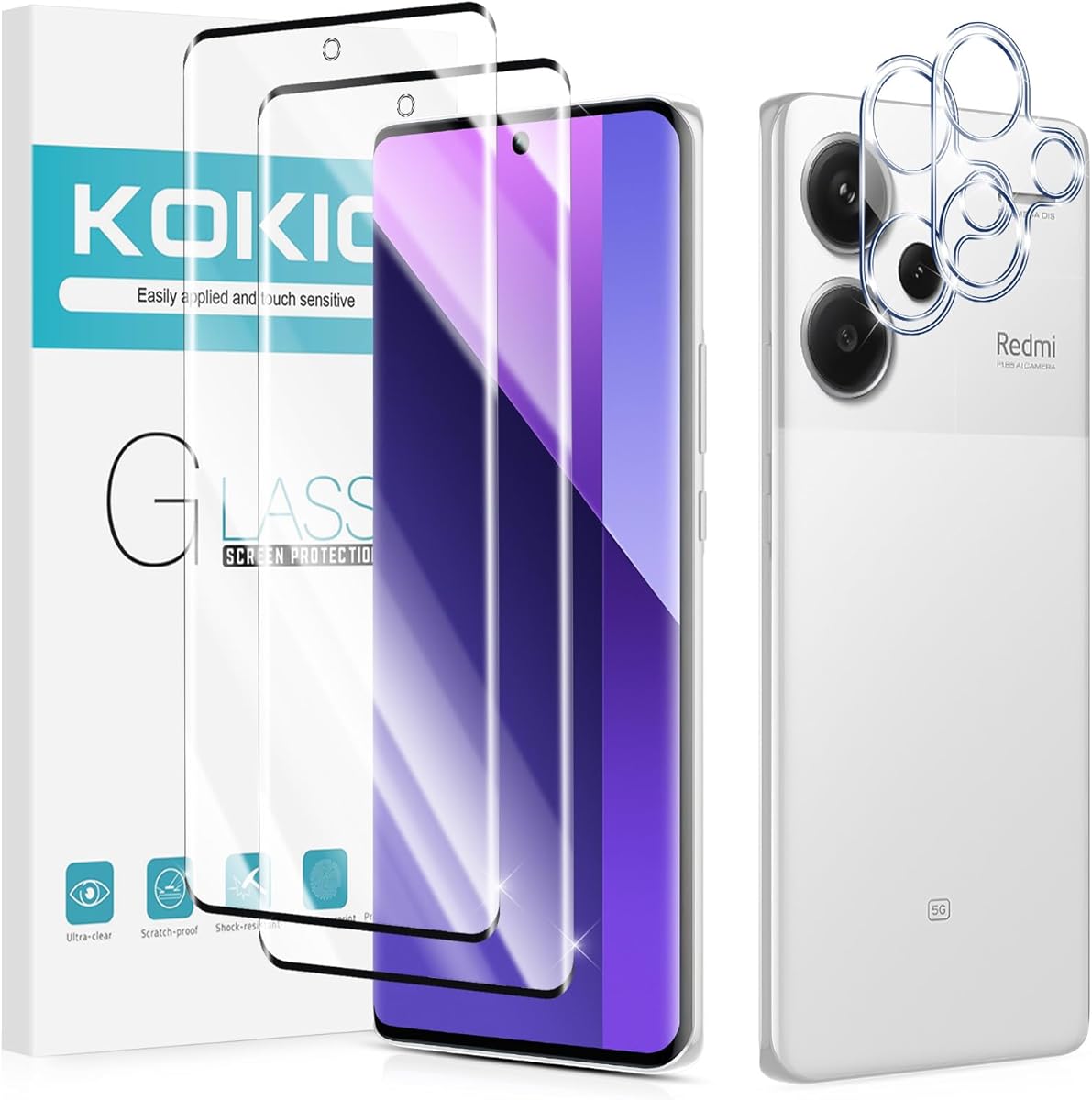 Kokio Verre Trempé pour Xiaomi Redmi Note 13 Pro+ 5G/ Pro Plus 5G, 2+2 Pièces Protection D'écran Film et Caméra Arrière Protecteur, 9H Dureté, Anti-Rayures, Sans Bulles, HD Transparent