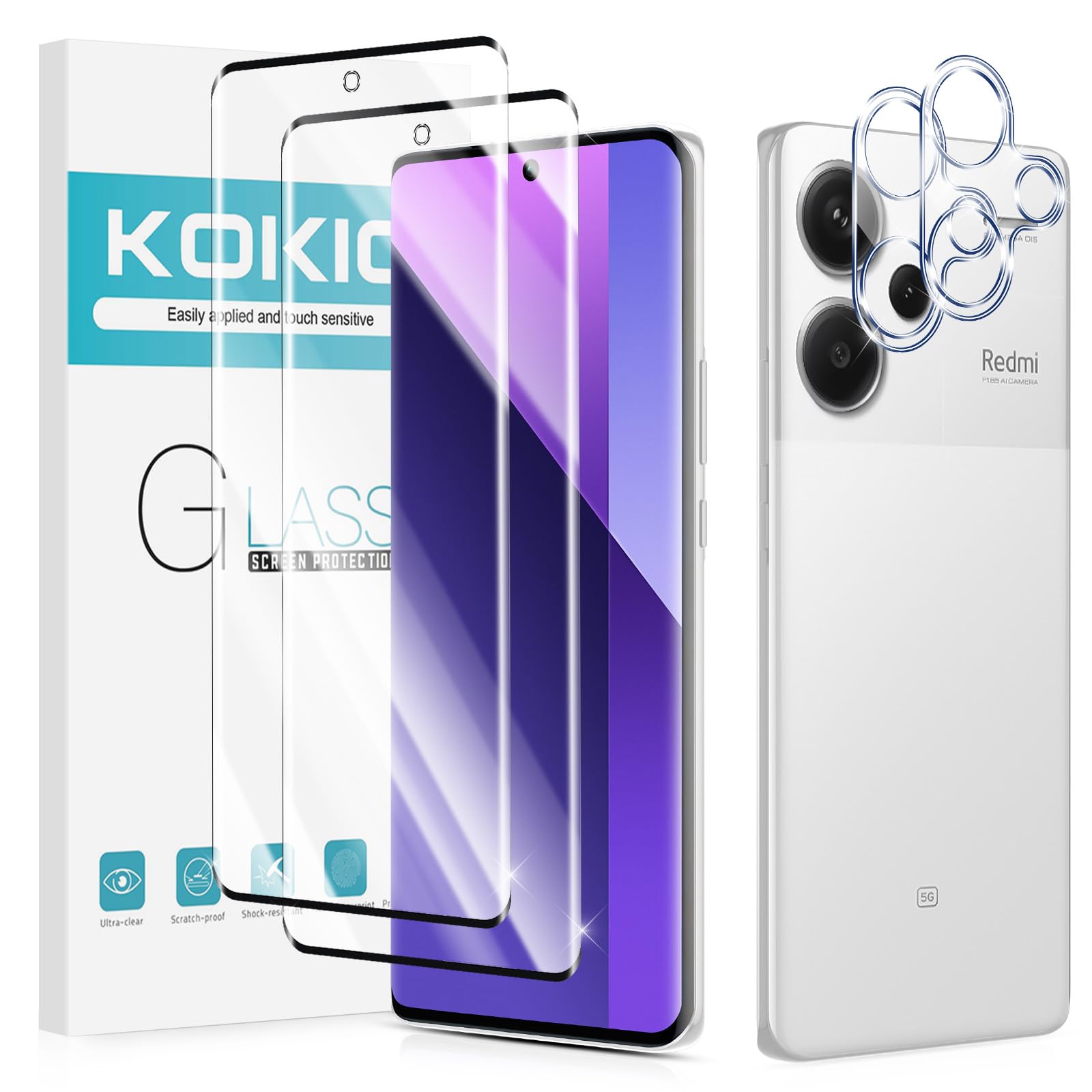 Kokio 2 Pezzi Vetro Temperato per Xiaomi Redmi Note 13 Pro+ 5G/ Pro Plus 5G con 2 Pezzi Pellicola Protettiva Fotocamera Posteriore, Durezza 9H, HD, Anti-Graffio, Senza Bolle Vetrino Schermo