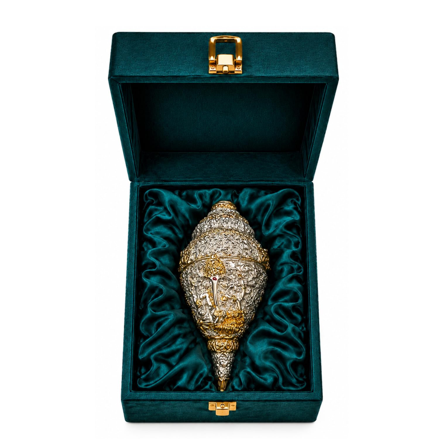 Silver Plated Ganesh Shankh, 5 Inch Decorative Shell with Gold Accents, Traditional Vastu Home Decor for Wedding and Diwali-image-17