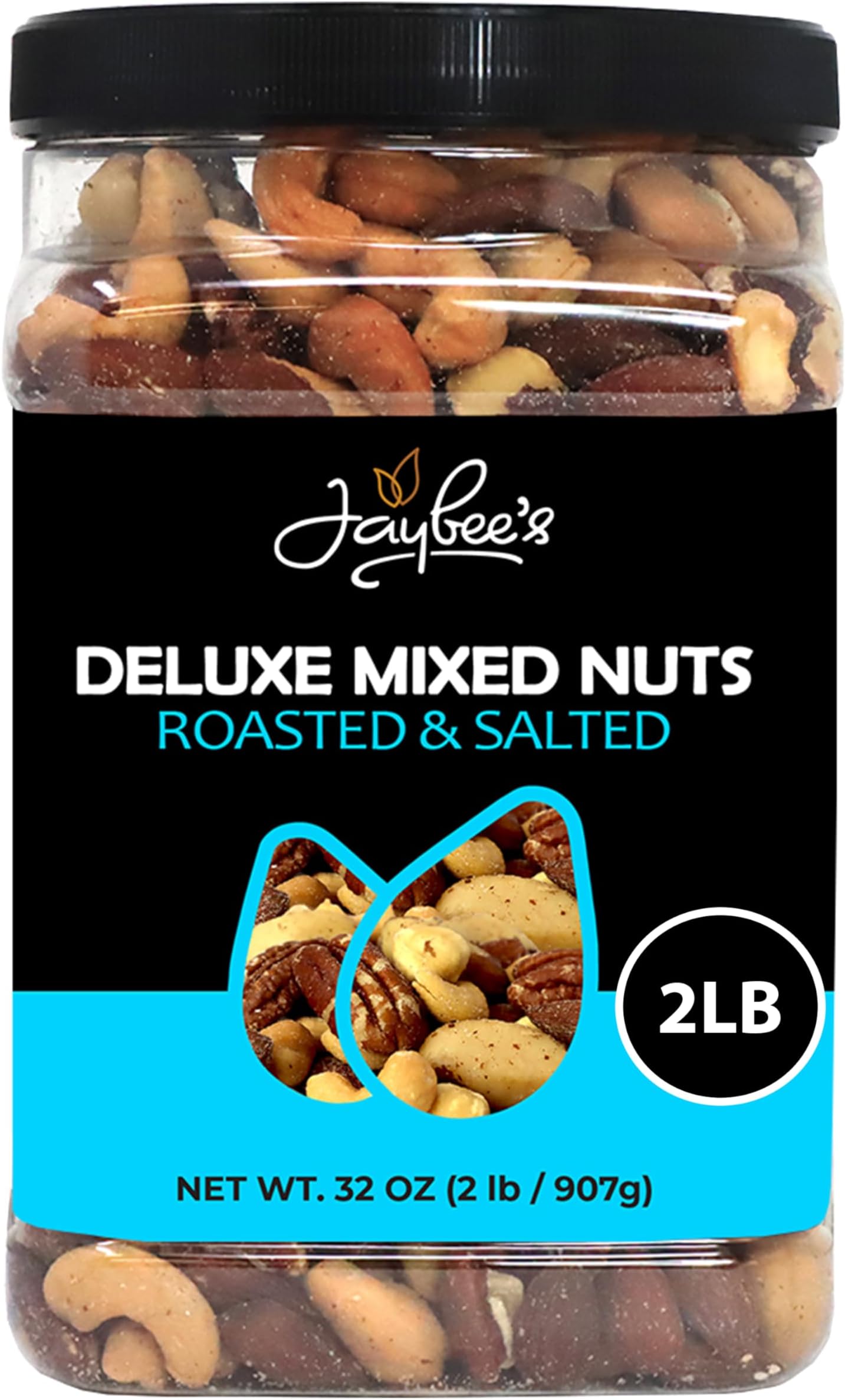 Mixed Nuts Deluxe - Roasted & Salted | 32 oz Reusable Container | Healthy Gourmet Variety Snack Mix with Cashews, Almonds, Brazil Nuts, Pecans, Hazelnuts (No Peanuts) Holiday Gifts | Keto, Vegan Friendly, Healthy Nut Mix | Jaybee's