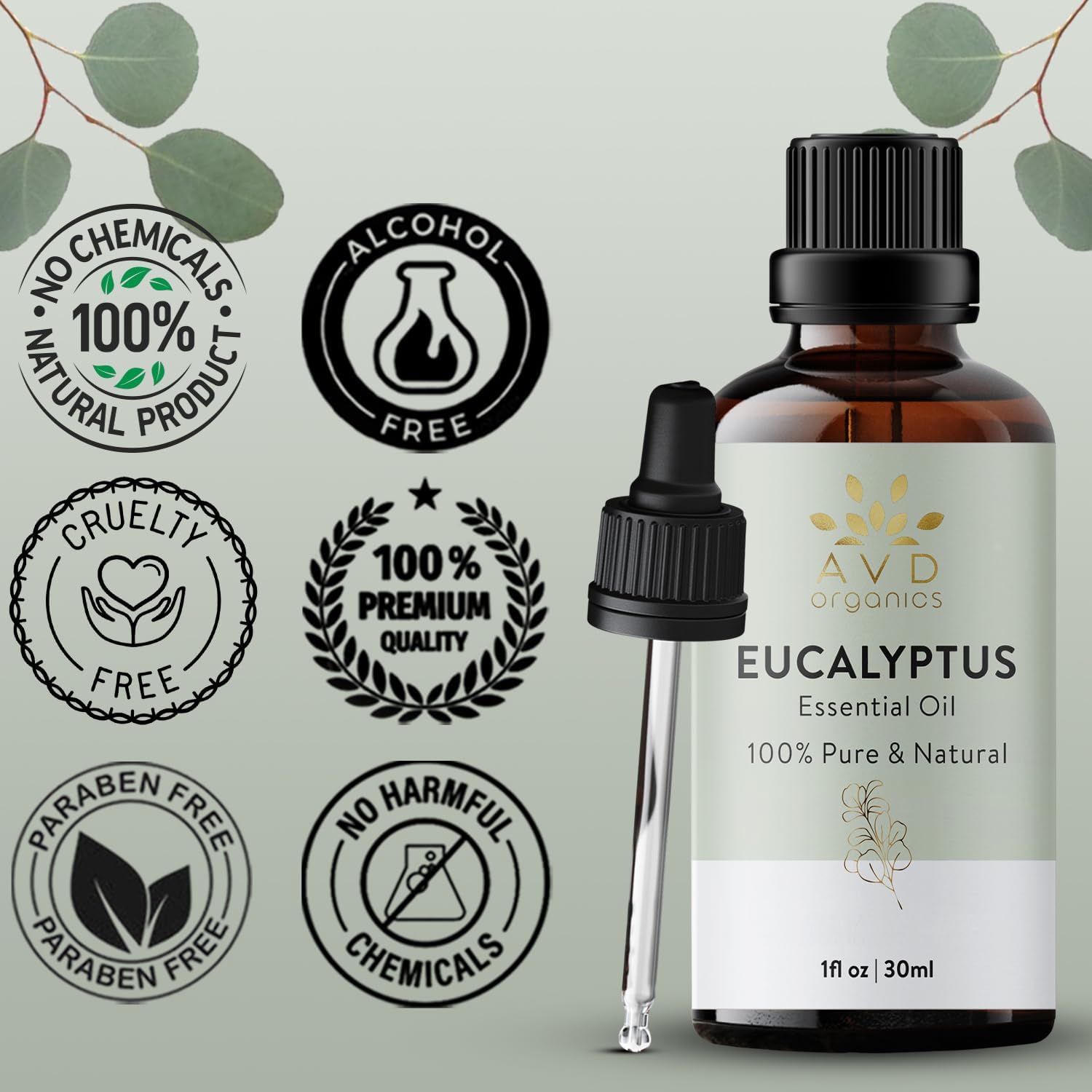 روغن اسانس اوکالبتوس AVD ORGANICS 30 میلی لیتر | 100٪ خالص و طبیعی | رده‌ی بالای اسانس اسانسیل برای آروماتراپی حمام بخار دم کردن مو | 1 فلور اونسی اوکالبتوس 30 میلی لیتر (بسته‌ی 1 عدد)