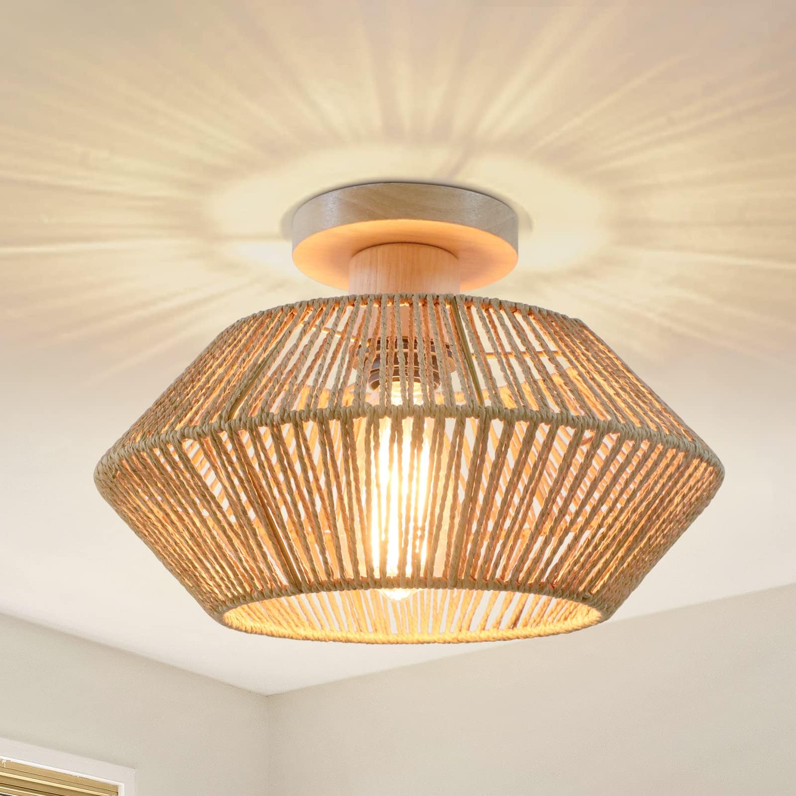 Boho Rattan Bedroom Ceiling Light, 1 Light Hand Woven Ceiling Chandelier, Wooden Ceiling Lights for Farmhouse Living Room Kitchen Entrance Hallway