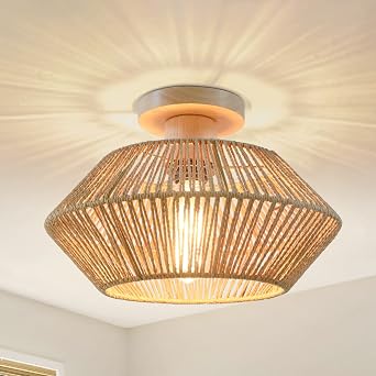 Boho Rattan Ceiling Lights Living Room, 1-Light Hand Woven Ceiling Lamp, Natural Farmhouse Chandeliers Ceiling Light Fitting for Bedroom Kitchen Entryway Hallway Foyer [Energy Class A]