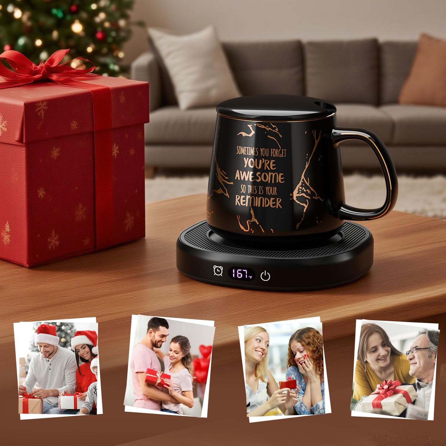 Coffee Mug Warmer, You are Awesome Mug with Coffee Warmer Set, Electric Coffee Cup Warmer for Desk 8 Hours Auto Shut Off, Tea Beverage Warmer with 4 Temperature Setting, Birthday Gifts for Women Man