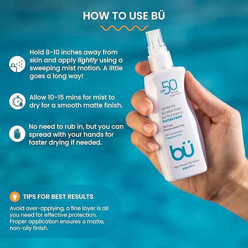 Miniatura 6 de Bu SPF 50 - Protector solar en aerosol transparente, sin aceite, vegano, orgánico, no comedogénico, hipoalergénico. Resistente al sudor y al agua.