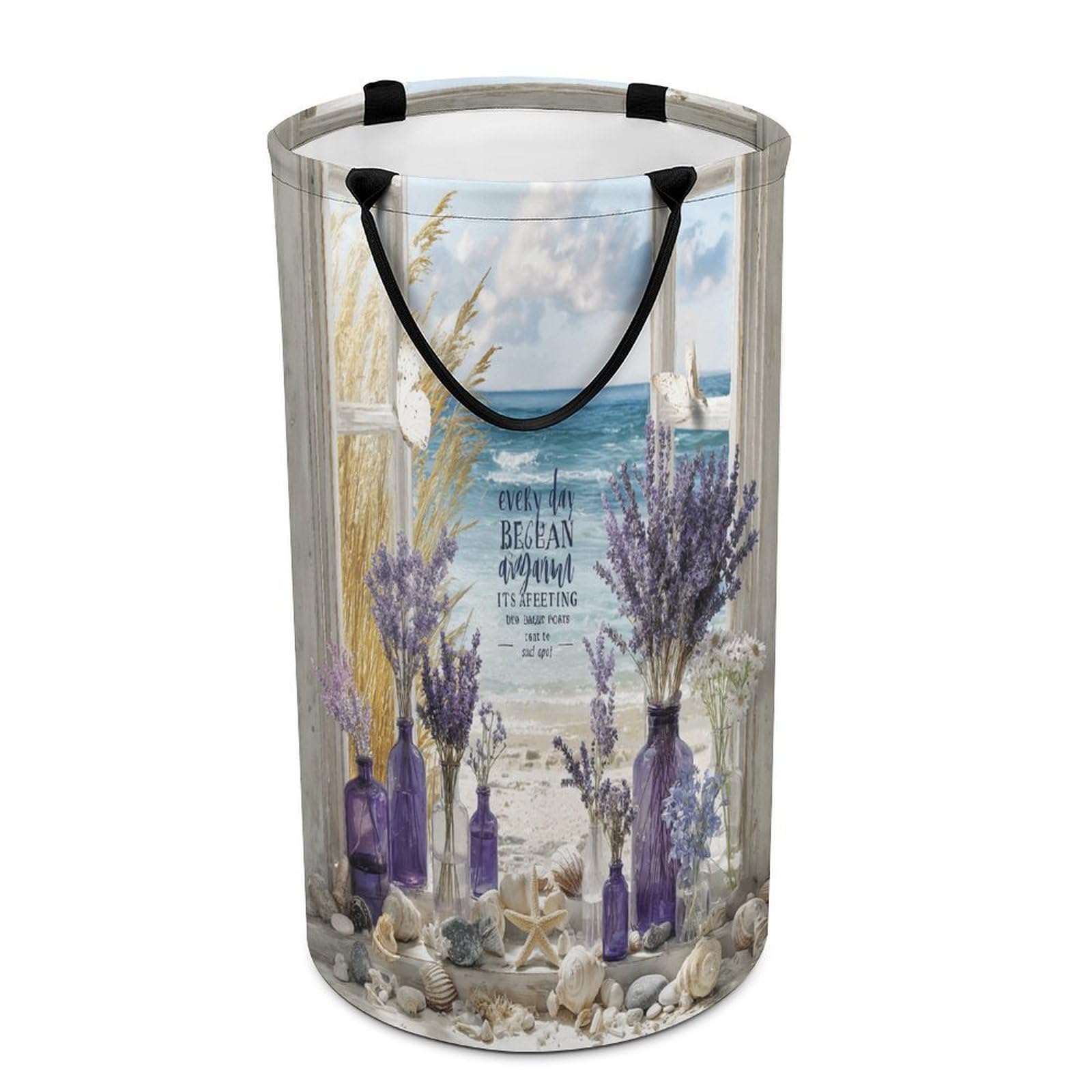 LUYYSKY Beautiful Abstract Window Seaside Collapsible Dirty Clothes Basket, Funny Realistic Summer Nautical Landscape Lavender Lilac Portable Clothes Storage Basket
