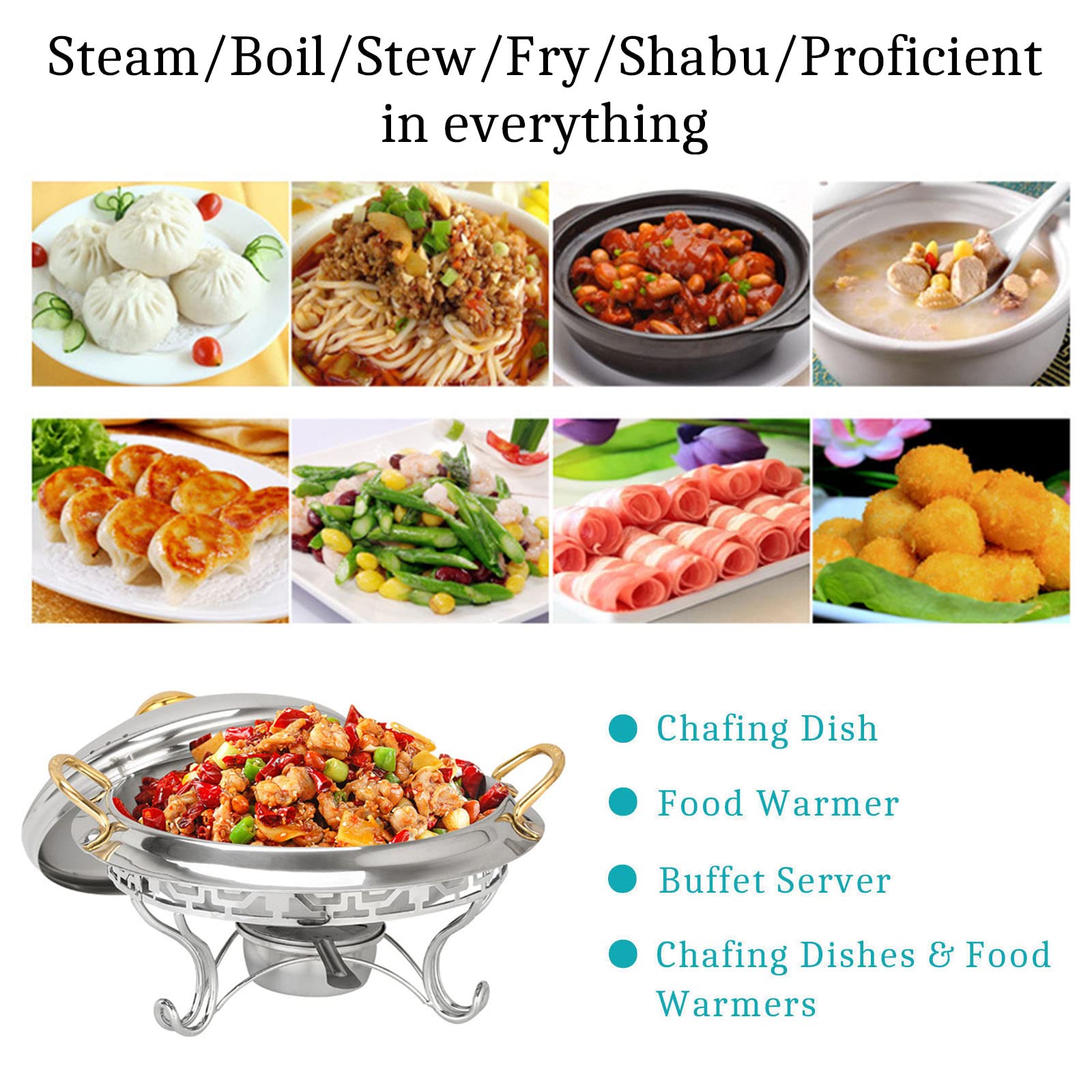 Chafing Dish Rotondo Placcato Oro, 2/4/6 Confezioni in Acciaio Inox Chafer Catering Buffet Warming Container Set con Porta-combustibile, per ristoranti, Feste, Matrimoni, 4 Confezioni