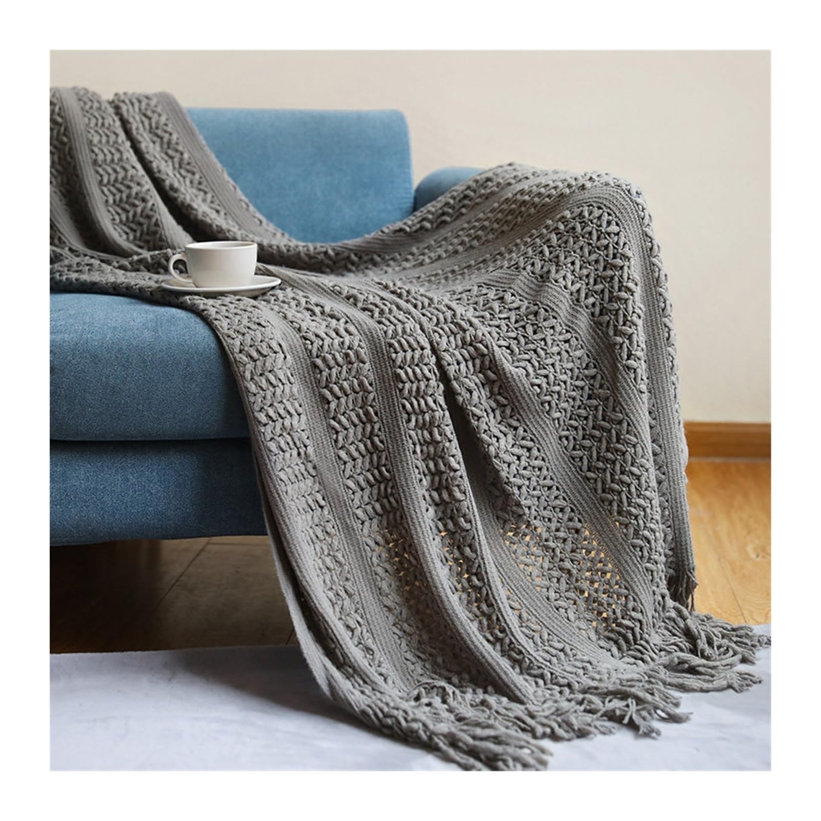 DHJKFU Bohemian Solid Color Oat Pattern Tassel Throw Blanket