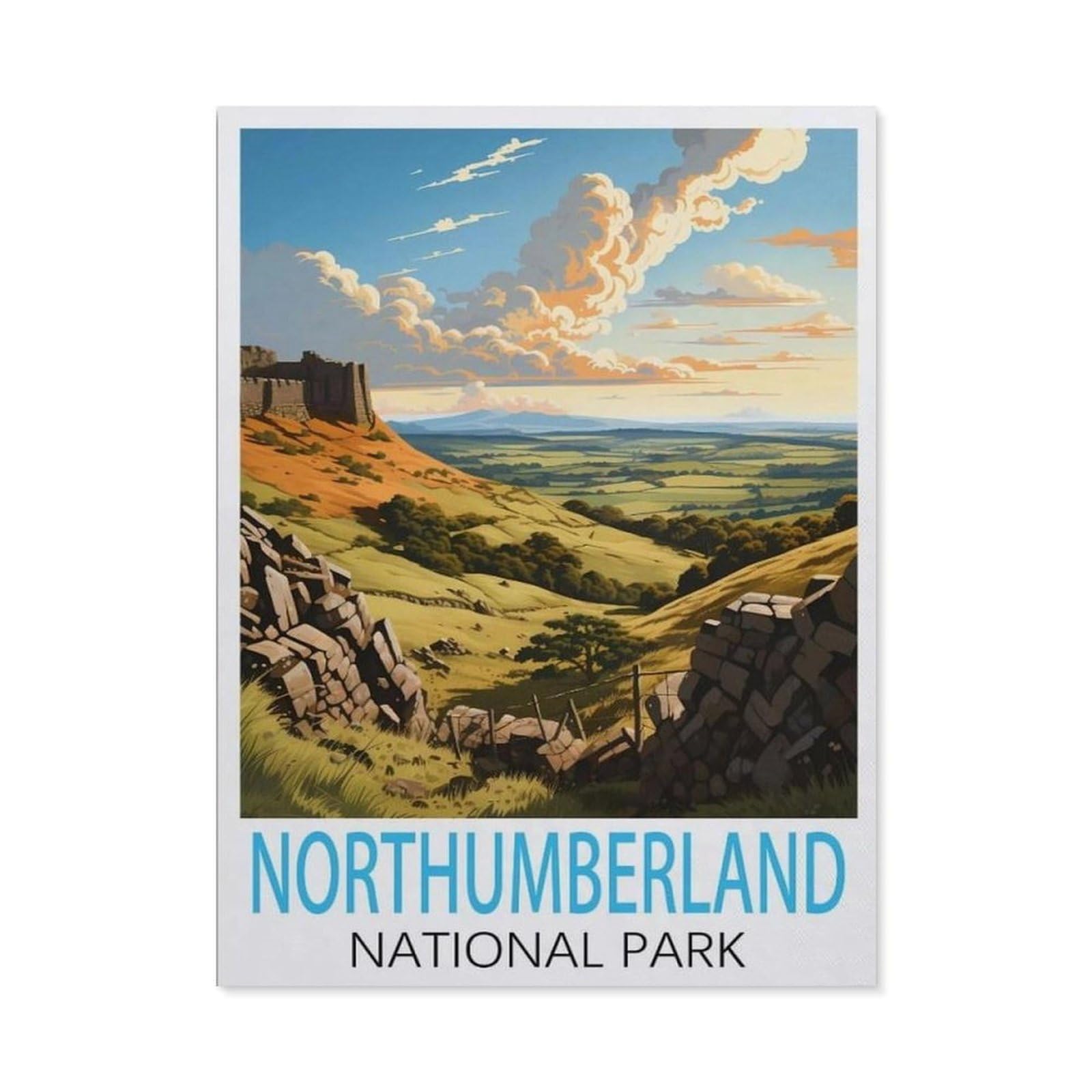 BEAYODKP Diamond Painting Kits for Adults and Kids，Northumberland National Park Vintage Travel Poster，Full Drill Round Rhinestone Paint with Diamonds（30 x 40 cm/11.81 x 15.74 inches）-BY52
