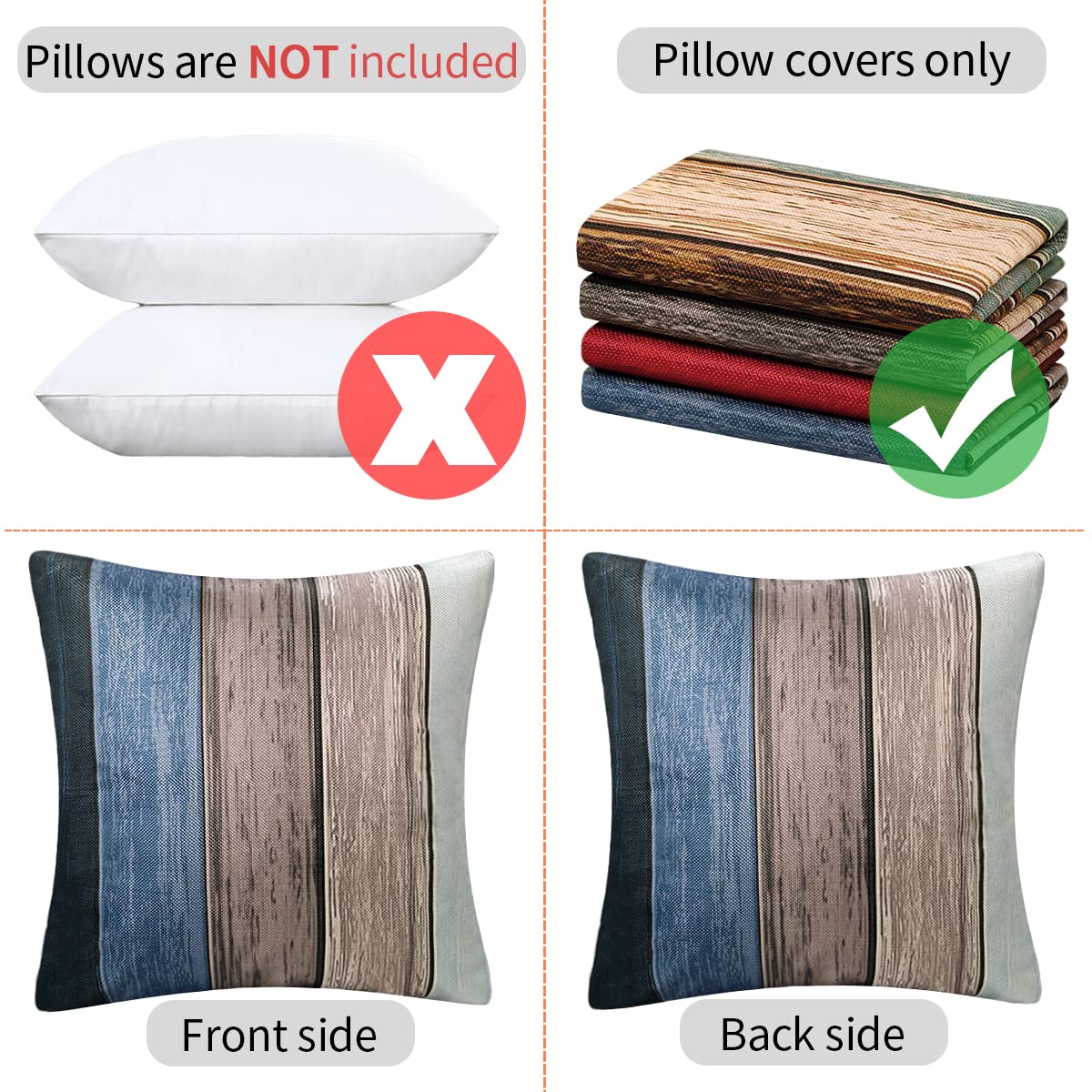 Set of 2 Cushion Covers, 45 x 45 cm, Outdoor Waterproof Cushion Cover, Spring, Summer, Sofa Cushion, Ombre, Blue, Grey, Wood - Image 2