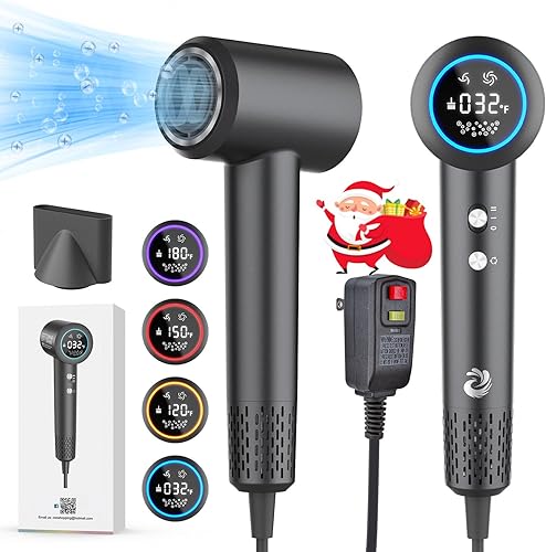 KARFUN Secador de pelo de plasma, secador de pelo de alta velocidad de 1500 W con tecnología de plasma (iónico positivo+negativo), pantalla LED, 5