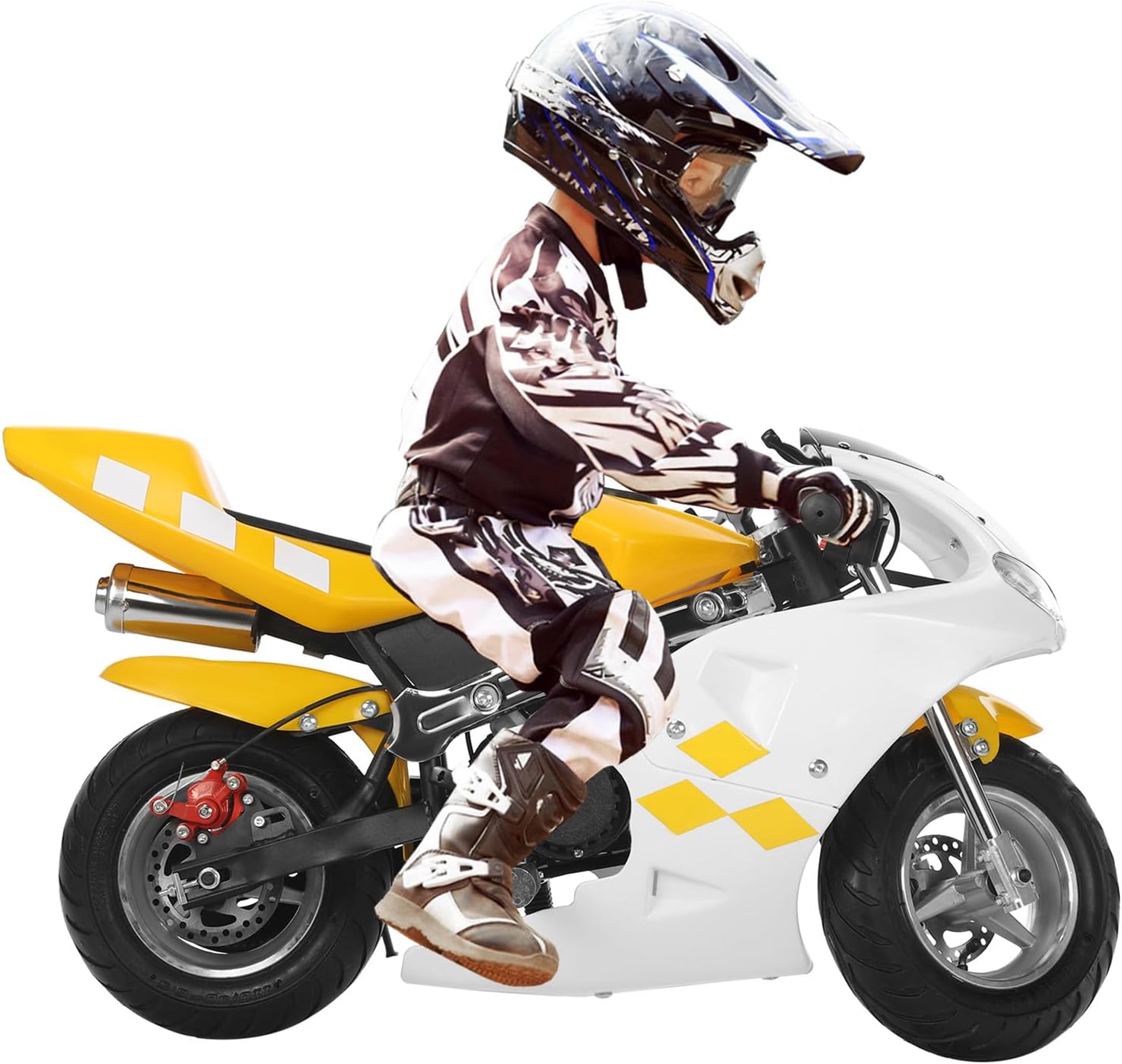 49cc 2-Stroke Pocket Bike, Gas Powered Mini Motorcycle for Kids, 20 MPH Racing Mini Dirt Bike, Dual Disc Brakes Dual Headlights, Steel Frame Pull Start Motorbike (Yellow)