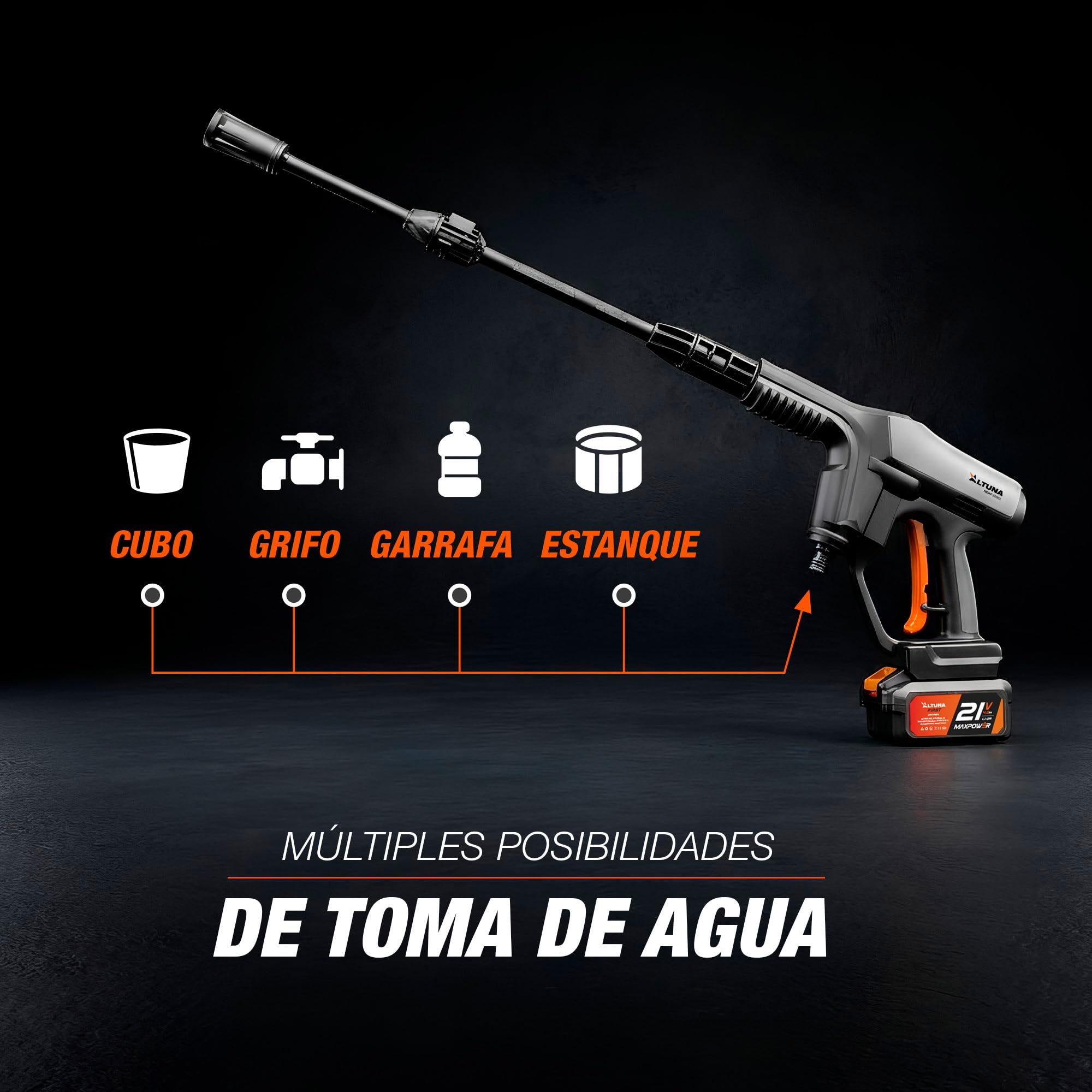 Altuna Hidrolimpiadora a Batería 21V – Pistola a Presión 40 Bar – Bomba de Aluminio – Toma de Agua Desde Manguera, Grifo, Tanque, Cubo – Paro Automático TSS – Limpieza Exterior, Coche y Terraza –AH01