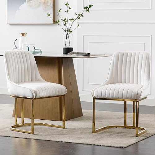 Juego de 2 sillas de comedor tapizadas blancas de terciopelo, sillas de cocina modernas con patas y respaldos dorados, sillas laterales sin brazos