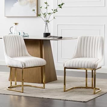 Shunzhi Modern Velvet Dining Chairs Set of 2 Upholstered Dining Room Chairs Kitchen Chairs with Gold Metal Legs/Back Armless Side Chair for Kitchen/Dining Room/Living Room, Cream
