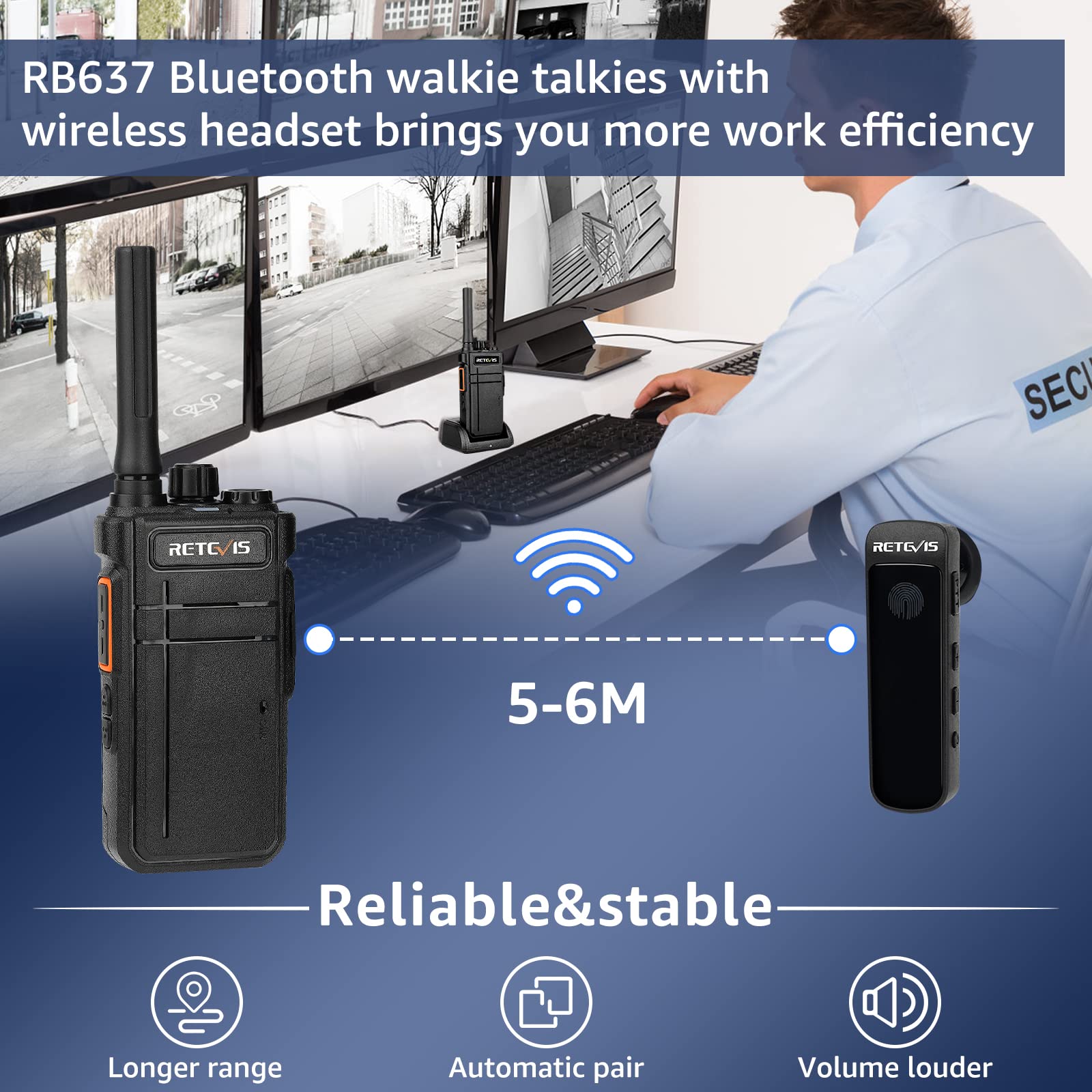 Retevis RB637 Walkie Talkies, Bluetooth Walkie Talkie con Auricolare, Portatile Ricaricabile, 2000mAh, VOX, Professionale Radio Ricetrasmittenti per Ristorante Hotel (Nero, 4Pz)