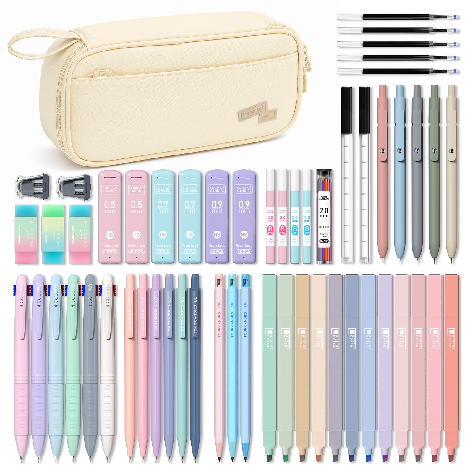 Four Candies 56 PCS Aesthetic School Supplies with Cute Pencil Case Cream