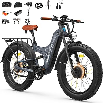 FREESKY 4000W Dual Motor Electric Bike for Adults, 48V 30AH Samsung Cells Battery 120Miles Range, 40MPH AWD Fast E-Bike, 26" Fat Tire Full Suspension Electric Mountain Bike, UL2849 Certified by TUV