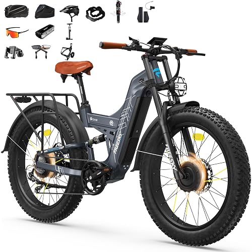 FREESKY 4000W Dual Motor Electric Bike for Adults, 48V 30AH Samsung Cells Battery 120Miles Range, 40MPH AWD Fast E-Bike, 26" Fat Tire Full Suspension Electric Mountain Bike, UL2849 Certified by TÜV