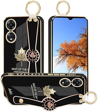 Phone Case for Oppo A78 5G with Wrist Strap Stand & Finger Ring, Cute Aesthetic Slim Silicone Shockproof Protective Cover for Women Girls (Black)