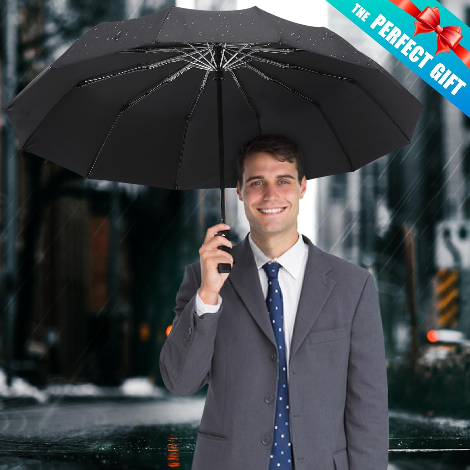 GAOYAING 46 Inch Large Automatic Travel Umbrella, 12 Ribs Windproof Design, Heavy Duty Strong 210T Pongee Fabric Folding Umbrella with Sleeve