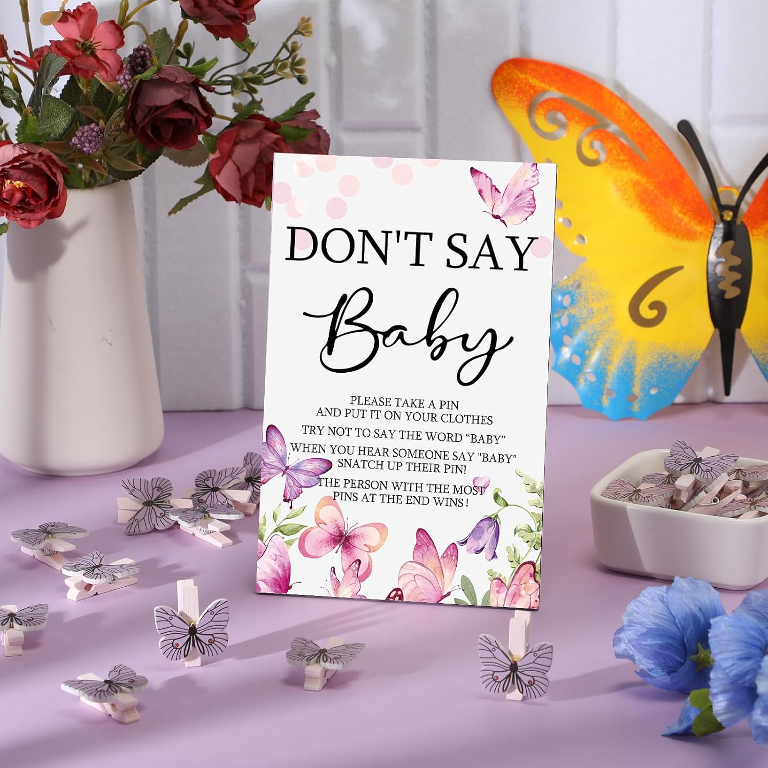 Unittype 51 Pcs Don't Say Baby Shower Game Favors Include Purple Butterfly Theme Baby Shower Sign and 50 Mini Butterfly Clothespins for Boys Girls Gender Reveal Party Supplies