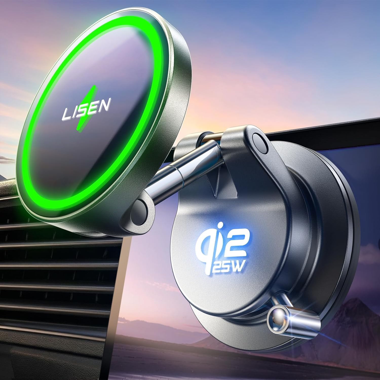 LISEN Qi2.2 25W Magsafe Car Mount Charger,[More Stable & Faster Charging] Suction Cup Phone Mount, Wireless Car Charger 25W for iPhone 17 16 Samsung Galaxy S26 Ultra,15W for iPhone 17e 15 14 13 12