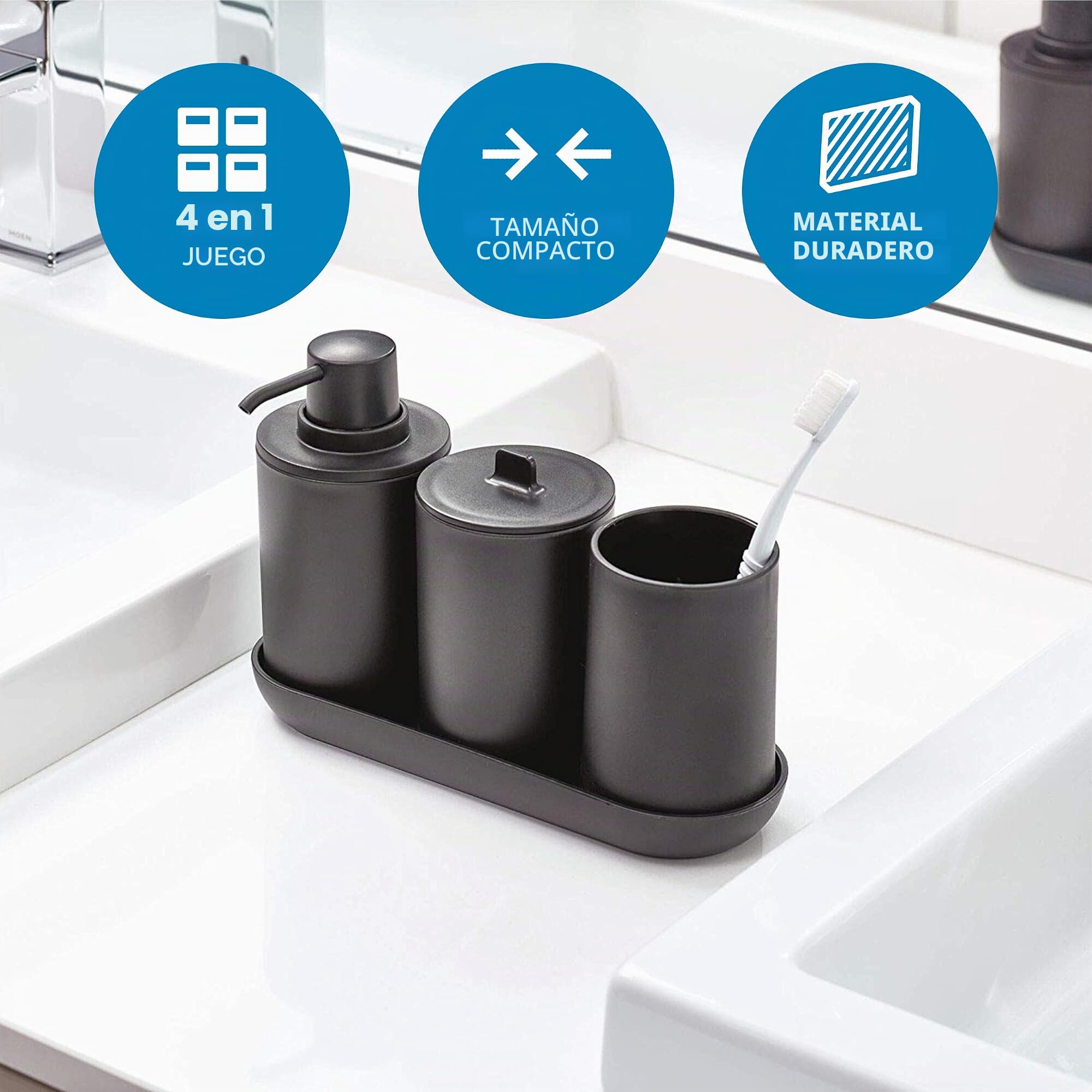 iDesign 28737ES Set de baño, Compuesto por dispensador de jabón, Porta cepillo de dientes, Algodonero y bandeja de plástico, Accesorios de baño para el lavabo, Negro, 24.5 x 8.9 x 16.2 cm, Juego de 4