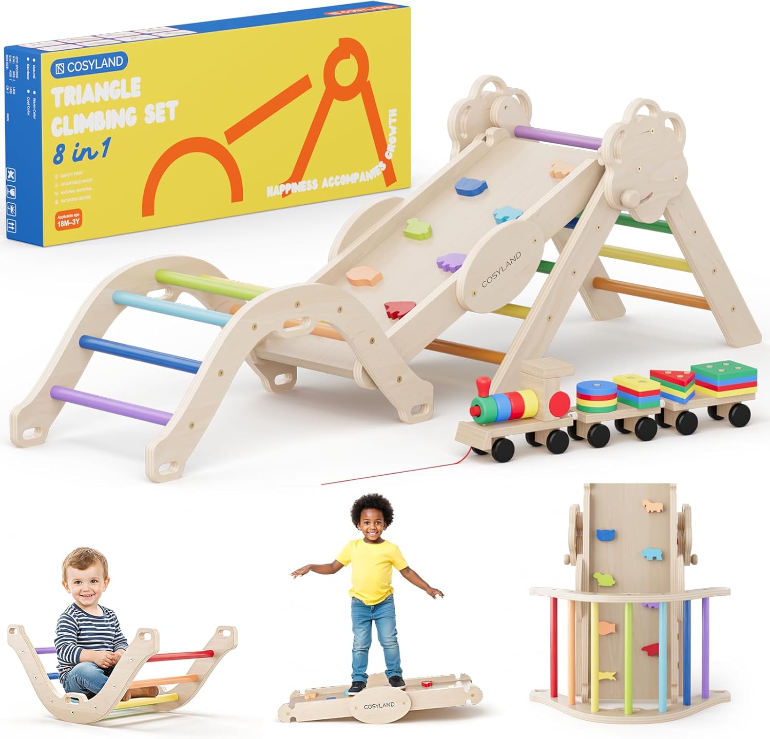 COSYLAND Pikler Triangle Set - 8 in 1 Climbing Toys for Toddlers 18M-3Y, Foldable Wooden Indoor Jungle Gym & Playground with Train Toy & Gift Box, Anti-Tip Design, ASTM Certified, Rainbow