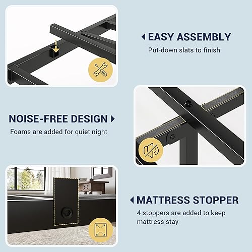 Miniatura 7 de Allewie Marco de cama de plataforma de metal tamaño Queen de 14 pulgadas con cabecero/pie de cama curvado de hierro forjado estilo victoriano, Negro