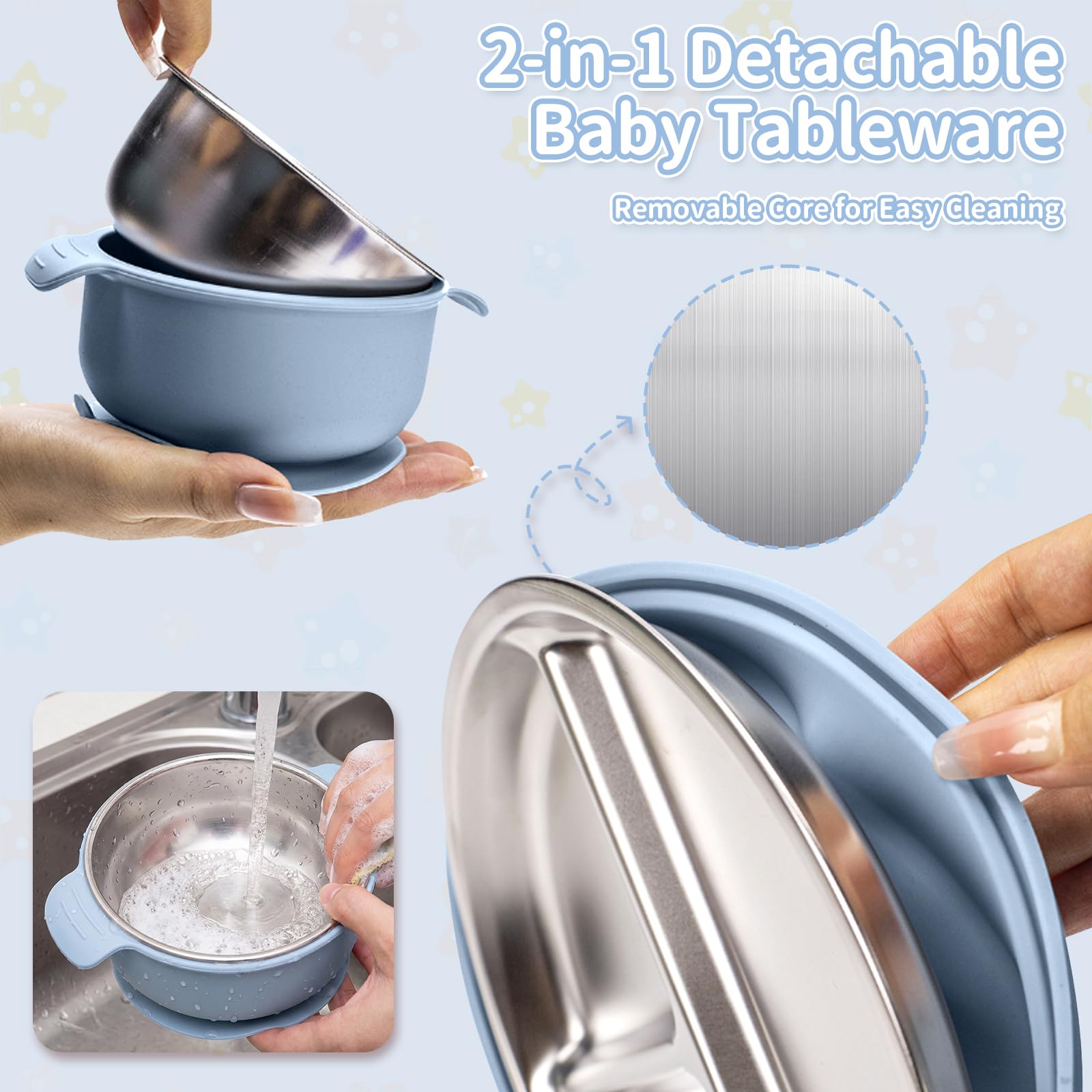 Cofanetto Pasto Bebè 5 Pezzi, Stoviglie in Silicone Antiscivolo con Ventosa: Piatto a 3 Scomparti, Ciotola, Bavaglino, Cucchiaio e Forchetta – Senza BPA per Neonati e Bambini (blu)