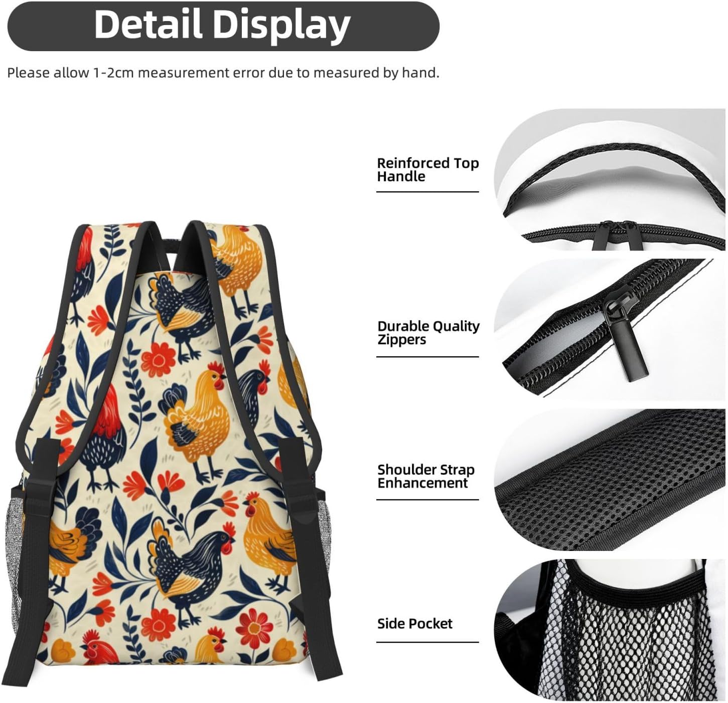 Rustic Rooster Backpack, Travel School Laptop Polyester Colorful Chicken Backpacks for Women Men Kids, Work Sports Back Pack Casual Daypack, Lightweight Rucksack Gifts for Hiking Camping Gym - Image 5