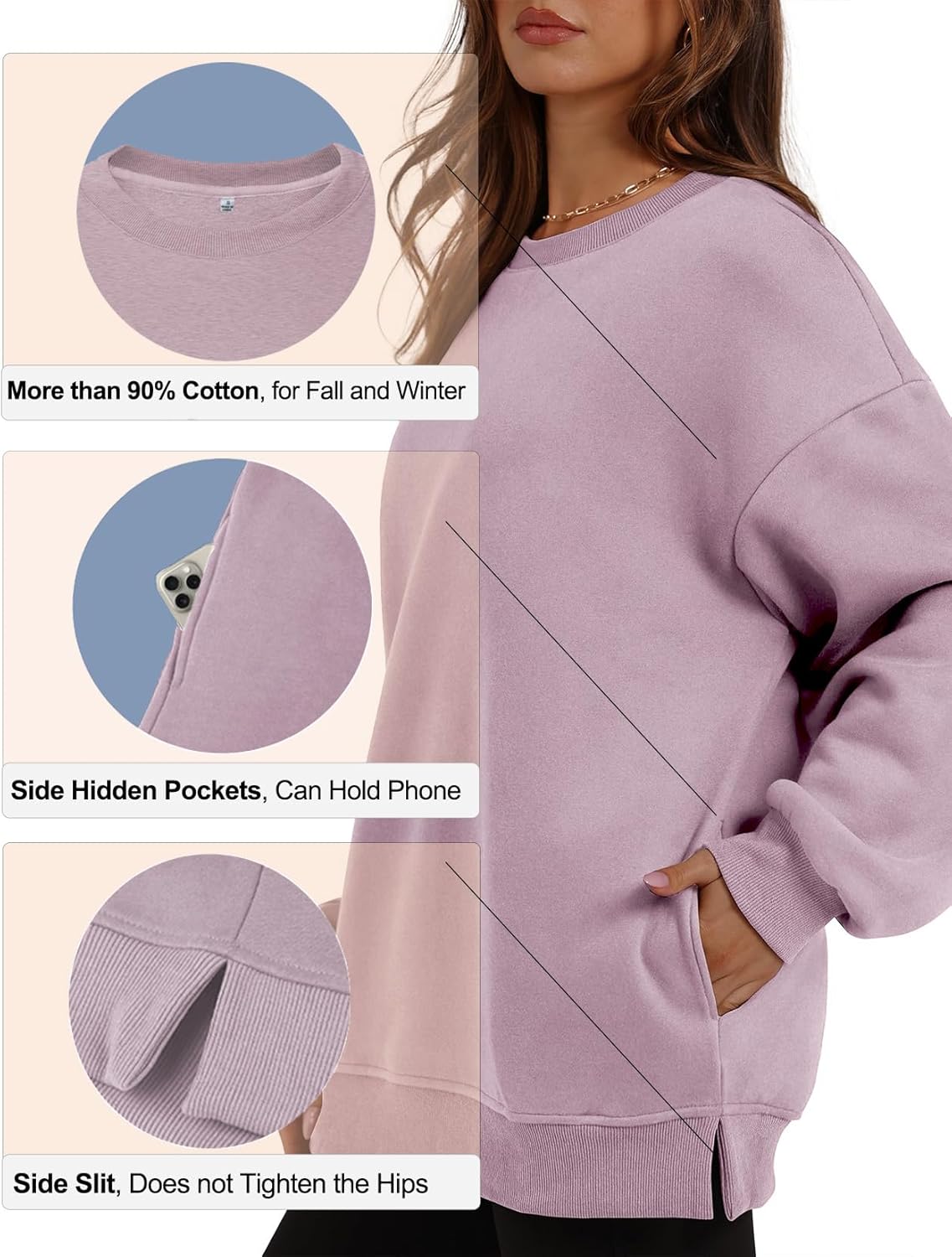 Women‘s Oversized Sweatshirt with Pockets, Cotton Crewneck Pullover, Soft Casual Long Sleeve Loose Fit Top - Image 5