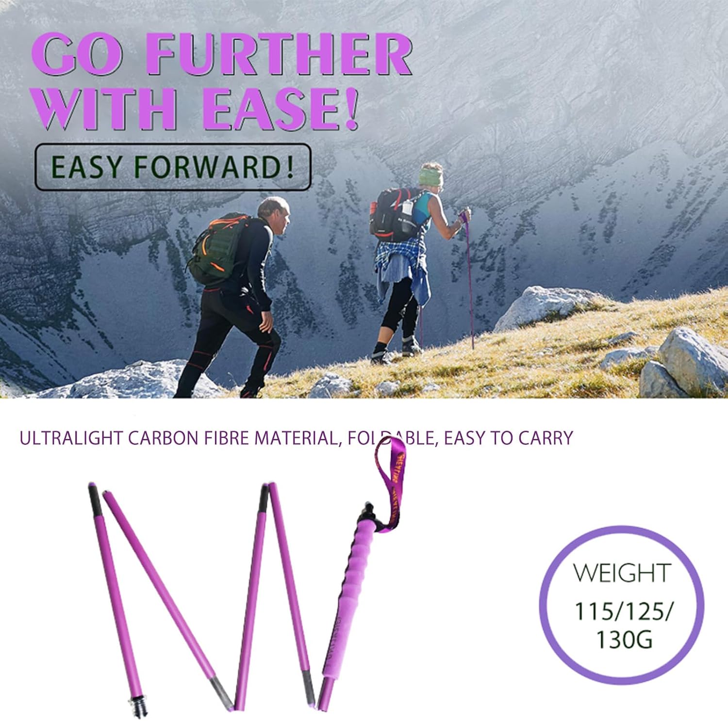 High Strength Carbon Fibre Trekking Poles 2 pcs, Folds Into 5 Sections, Lightweight and Strong, Protects Joints, Suitable for Hiking, Trekking and Mountaineering