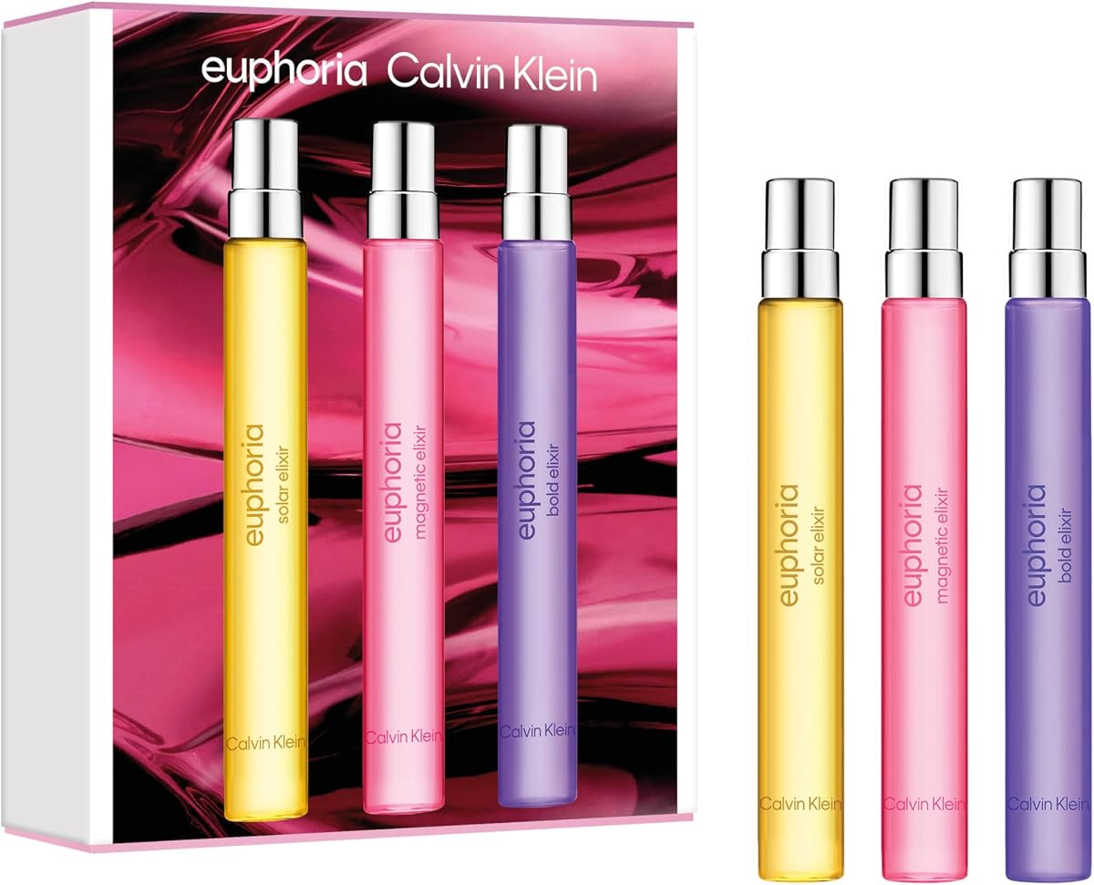 Set de regalo Calvin Klein Euphoria Elixir Eau de Parfum Trio usado por Rosalía – Perfume para mujer – Incluye atrevido, magnético y solar