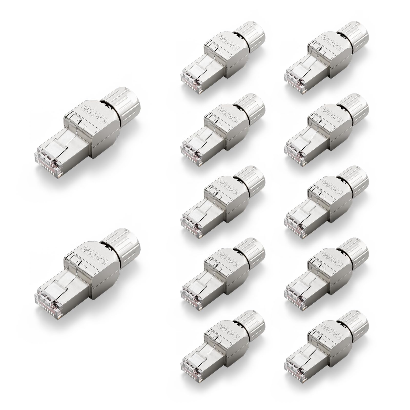 VCELINK Connecteur RJ45 sans Outil Cat6A, Fiche RJ45 Blindé, 12 Pièces | Fiche RJ45 à Contact Doré, 10 Gbit/s 500 MHz, Compatible Cat6A Cat6 Câble Réseau 22-24 AWG pour Routeur, Switch, Ordinateur